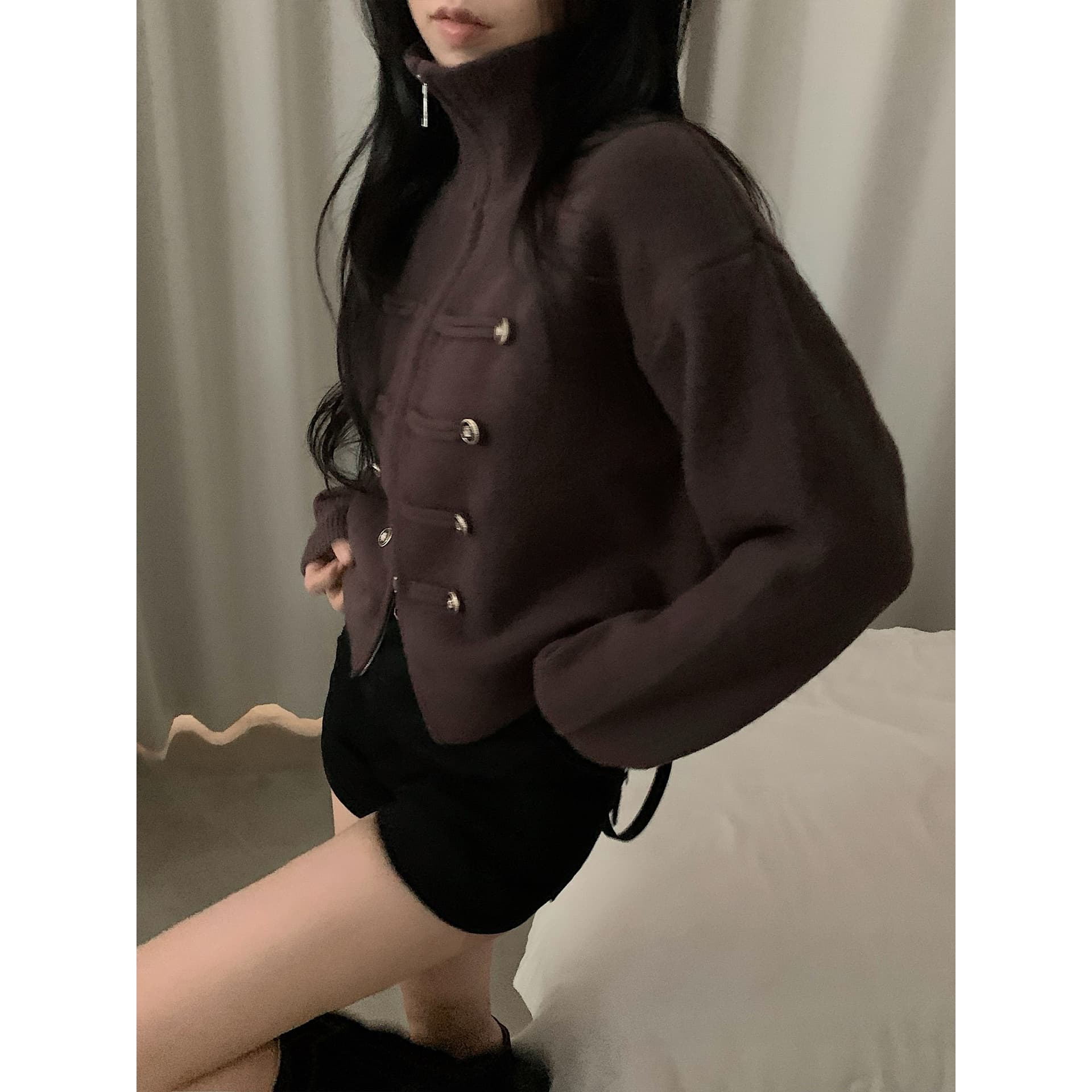 있음 밖으로 한 부서 다용도 두꺼운 스탠드 칼라 더블 지퍼 긴팔 니트 오픈 가디건 스웨터 코트 여성 상세 이미지 13