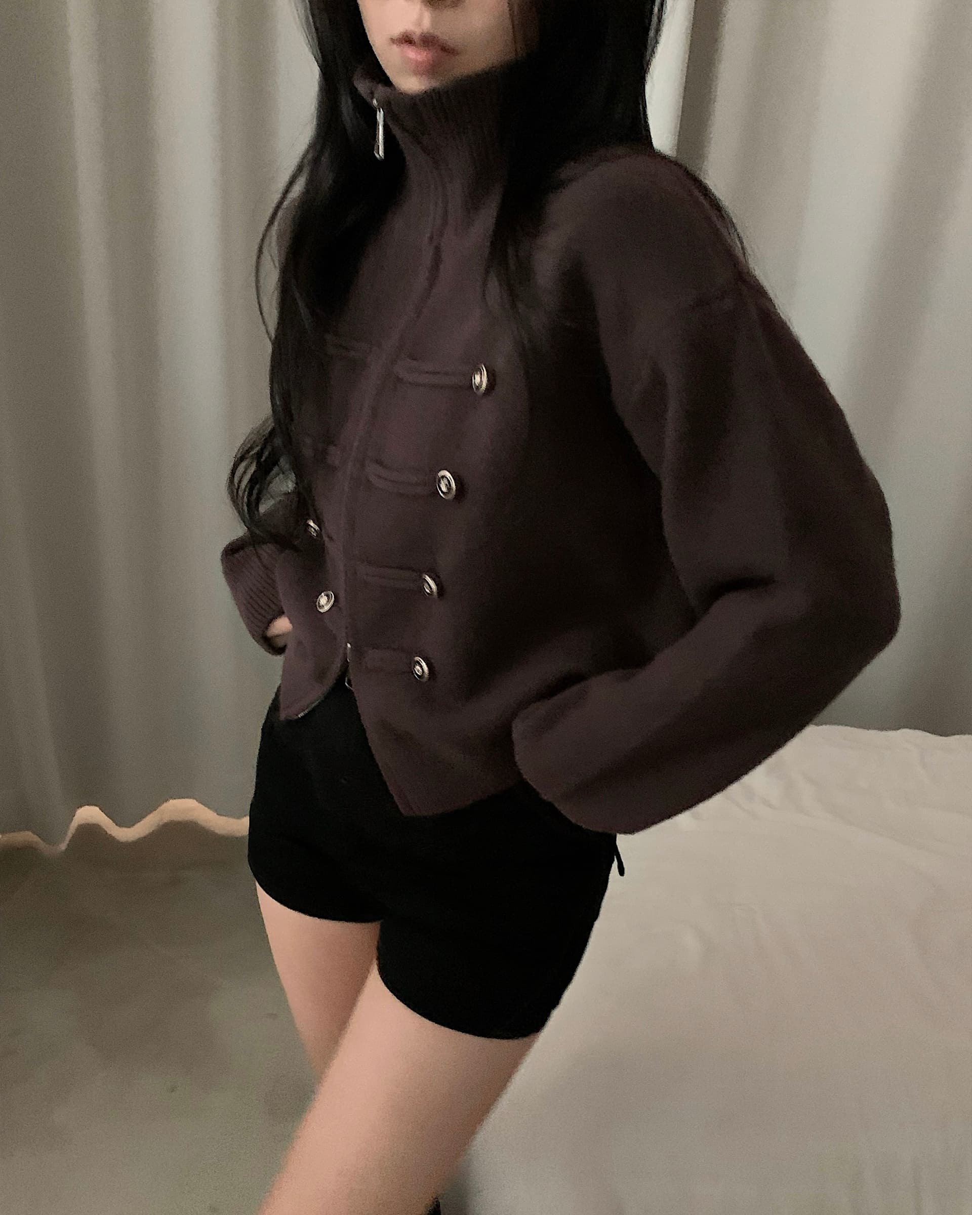 있음 밖으로 한 부서 다용도 두꺼운 스탠드 칼라 더블 지퍼 긴팔 니트 오픈 가디건 스웨터 코트 여성 상세 이미지 15