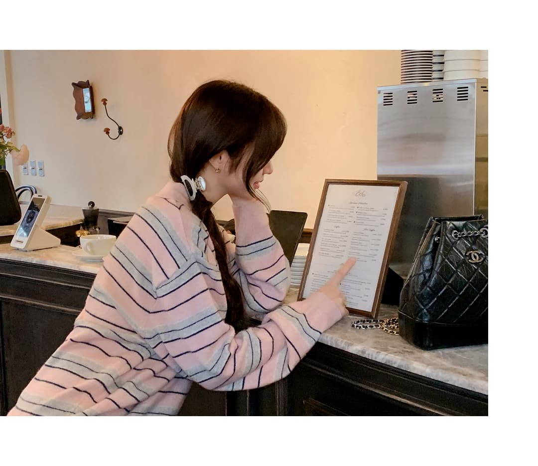 한국 스타일 폴로 칼라 캐주얼 스트라이프 루즈핏 보온 긴팔 니트 스웨터 스웨터 맨위 여성 상세 이미지 4
