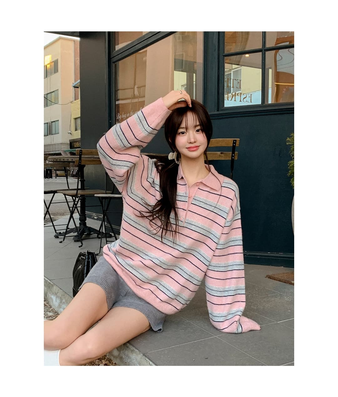 한국 스타일 폴로 칼라 캐주얼 스트라이프 루즈핏 보온 긴팔 니트 스웨터 스웨터 맨위 여성 상세 이미지 18