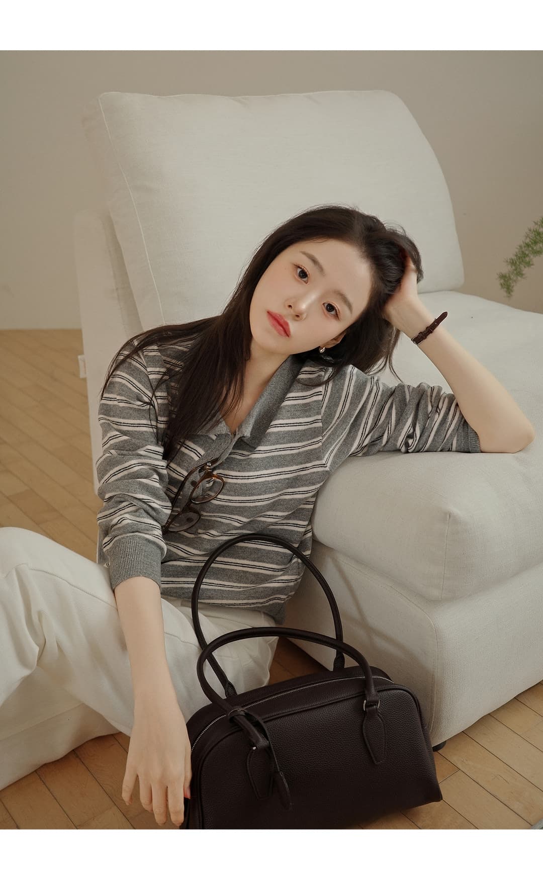 한국 스타일 다용도 스트라이프 패치워크 색상 POLO 칼라 니트 긴 소매 티셔츠 스웨터 맨위 여성 상세 이미지 16