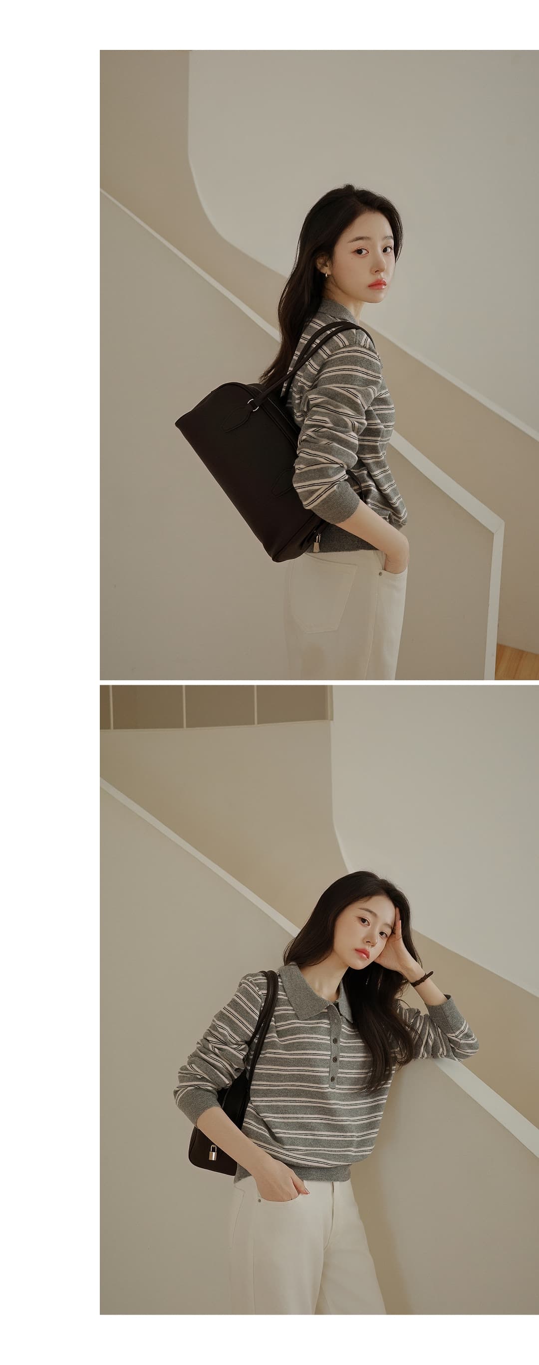 한국 스타일 다용도 스트라이프 패치워크 색상 POLO 칼라 니트 긴 소매 티셔츠 스웨터 맨위 여성 상세 이미지 23