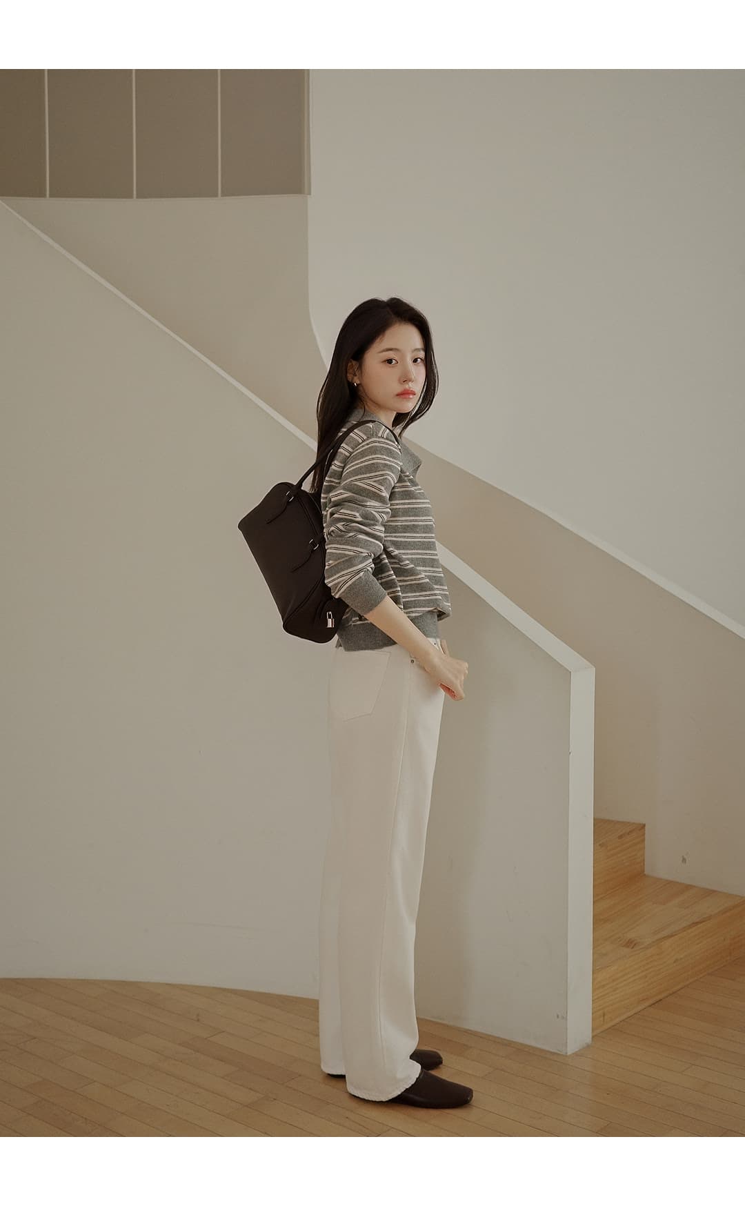 한국 스타일 다용도 스트라이프 패치워크 색상 POLO 칼라 니트 긴 소매 티셔츠 스웨터 맨위 여성 상세 이미지 24