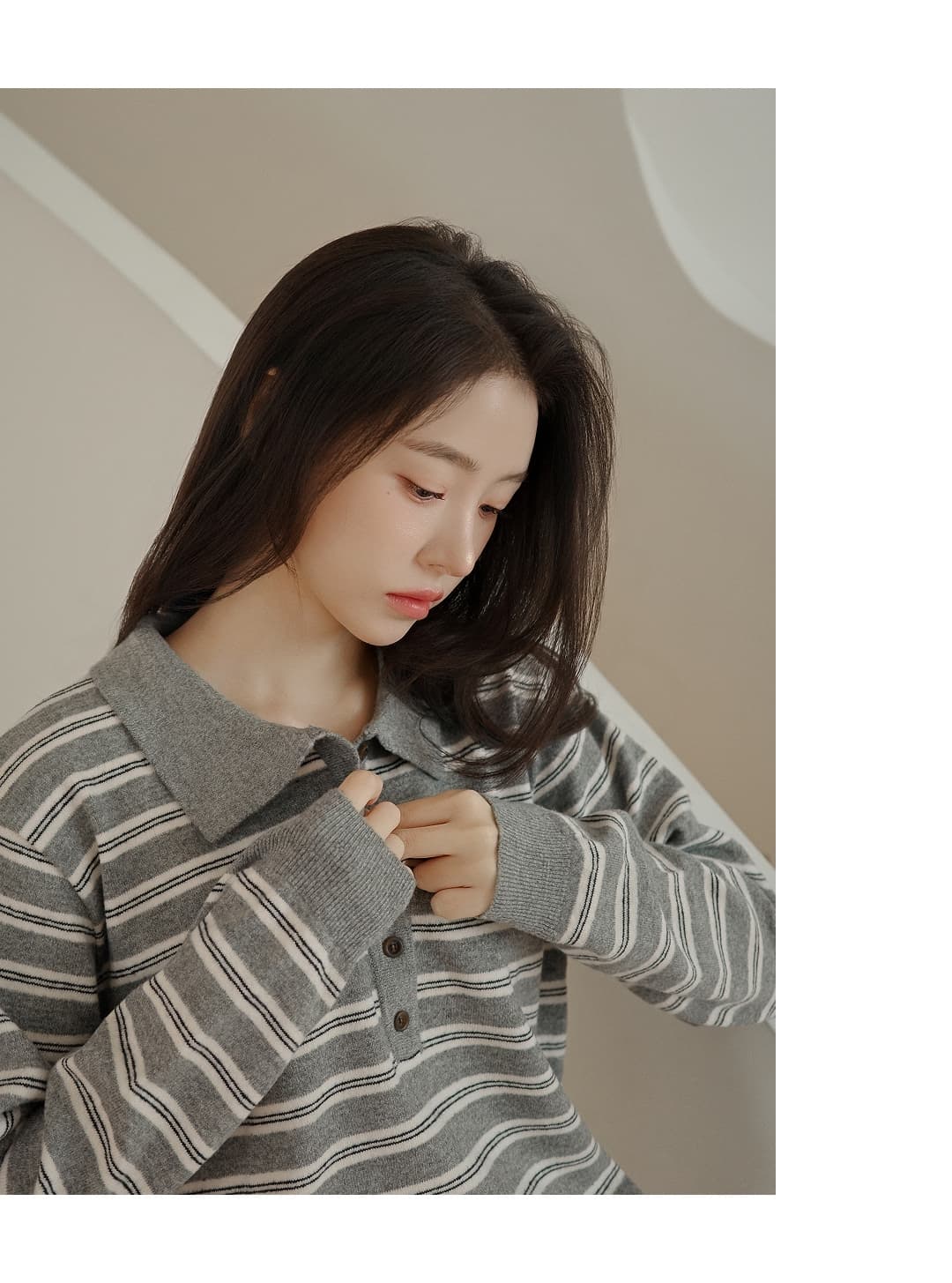 한국 스타일 다용도 스트라이프 패치워크 색상 POLO 칼라 니트 긴 소매 티셔츠 스웨터 맨위 여성 상세 이미지 25