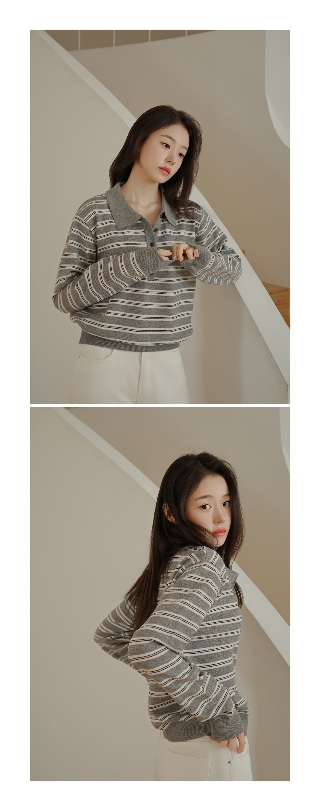 한국 스타일 다용도 스트라이프 패치워크 색상 POLO 칼라 니트 긴 소매 티셔츠 스웨터 맨위 여성 상세 이미지 26