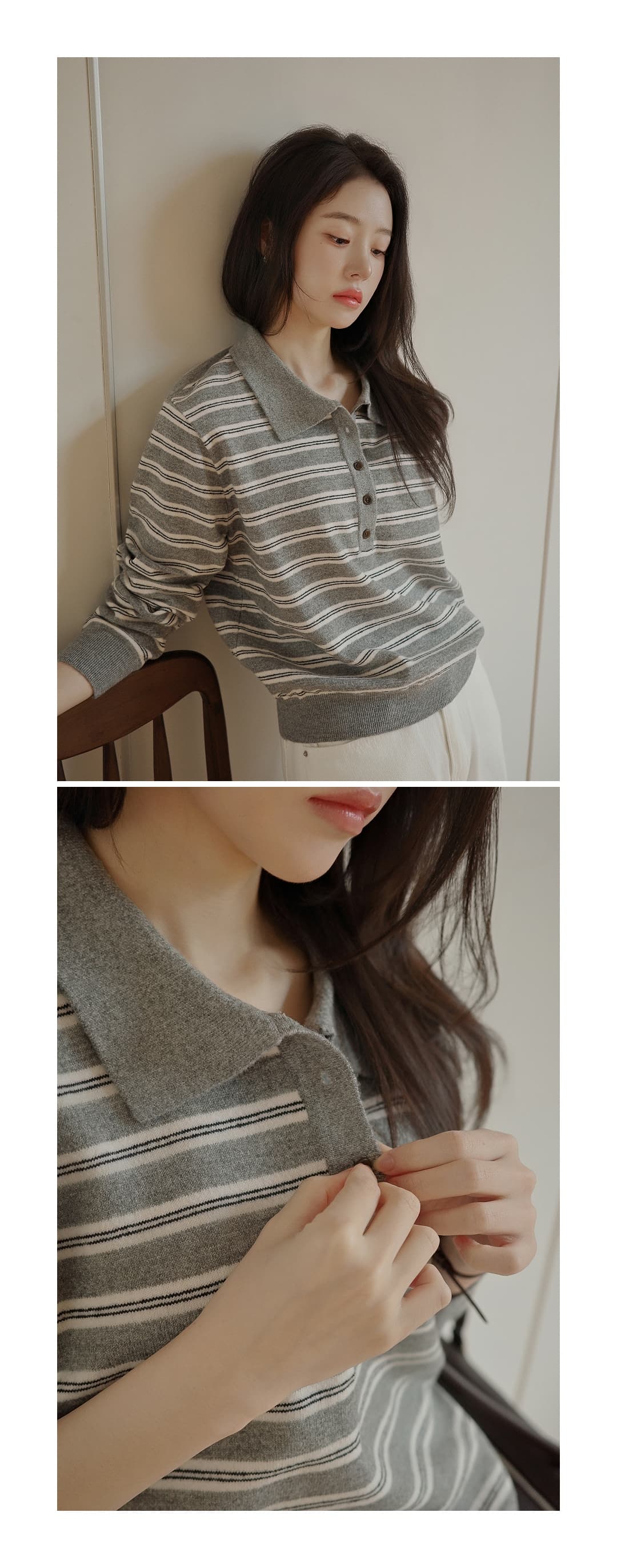 한국 스타일 다용도 스트라이프 패치워크 색상 POLO 칼라 니트 긴 소매 티셔츠 스웨터 맨위 여성 상세 이미지 33