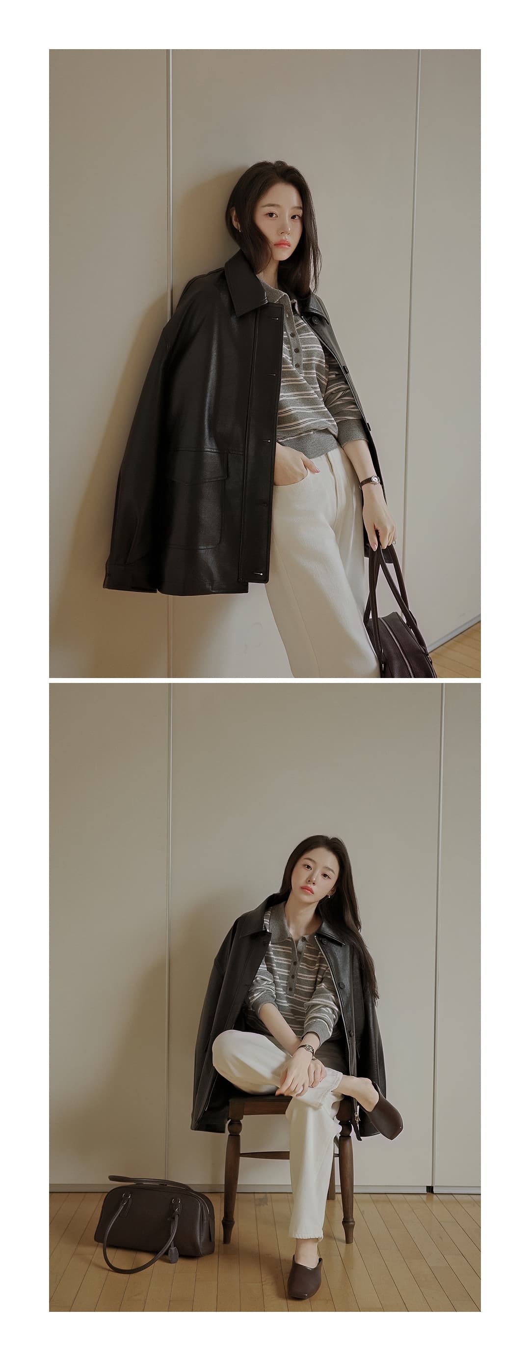한국 스타일 다용도 스트라이프 패치워크 색상 POLO 칼라 니트 긴 소매 티셔츠 스웨터 맨위 여성 상세 이미지 35