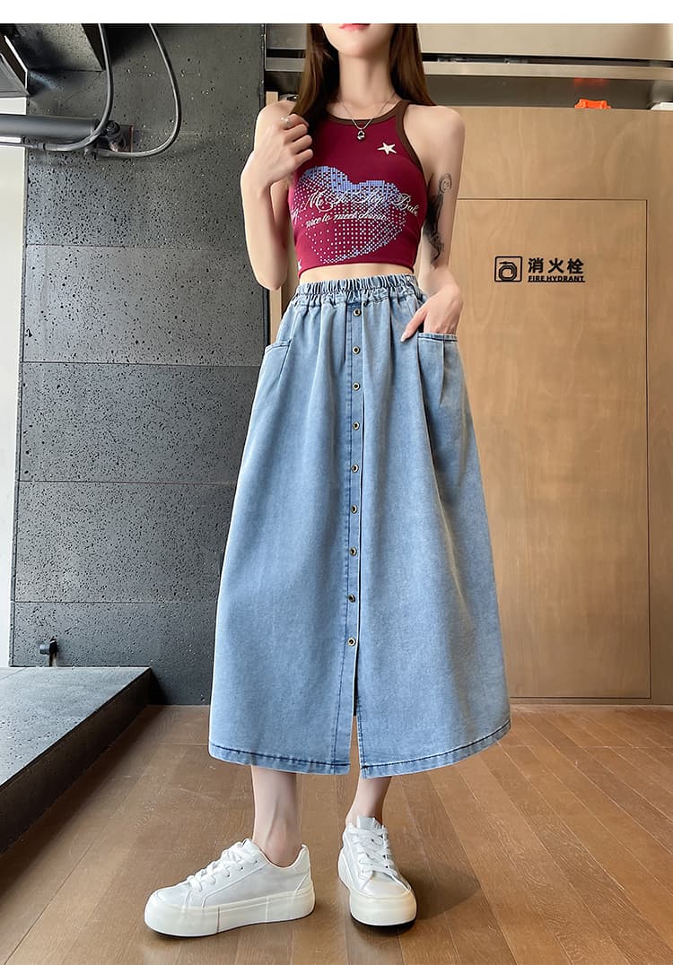 실사 새로운 레트로 기타 버클 면 100% 데님 반신 스커트 허리밴드 슬림해 보이는 중간 길이 치마 트임 A라인 스커트 상세 이미지 23