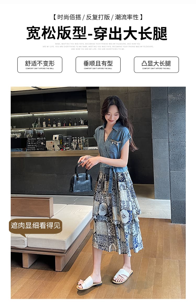 실사 프랑스식 명문 여성 빛 럭셔리 레트로 캐주얼 연령 감소 루즈핏 표지 배 민족 스타일 프린트 데님 드레스 조류 소녀 상세 이미지 6