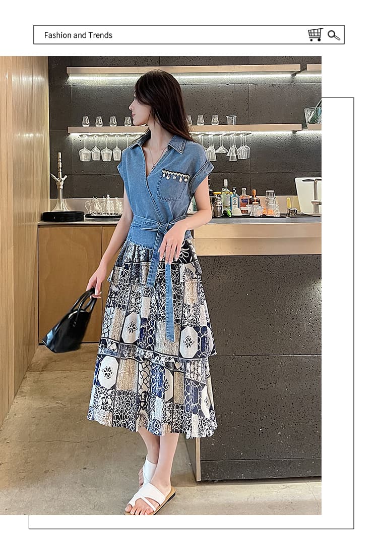 실사 프랑스식 명문 여성 빛 럭셔리 레트로 캐주얼 연령 감소 루즈핏 표지 배 민족 스타일 프린트 데님 드레스 조류 소녀 상세 이미지 15