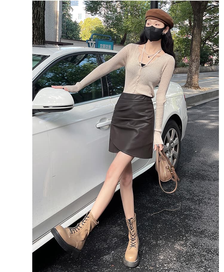 실사 불규칙 주름 pu 반신 스커트 여성 가을 겨울 작은 가죽 스커트 표지 배 슬림해 보이는 타이트 스커트 A라인 스커트 학원 스타일 상세 이미지 18