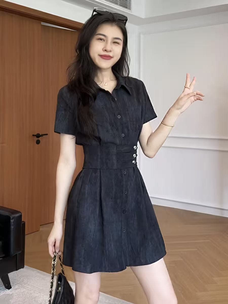 장 A 스타 캘리포니아 주 한여름 레트로 캐주얼 POLO 칼라 드레스 소근 허리 수축 A라인 스커트 아이들 여름 이미지 2