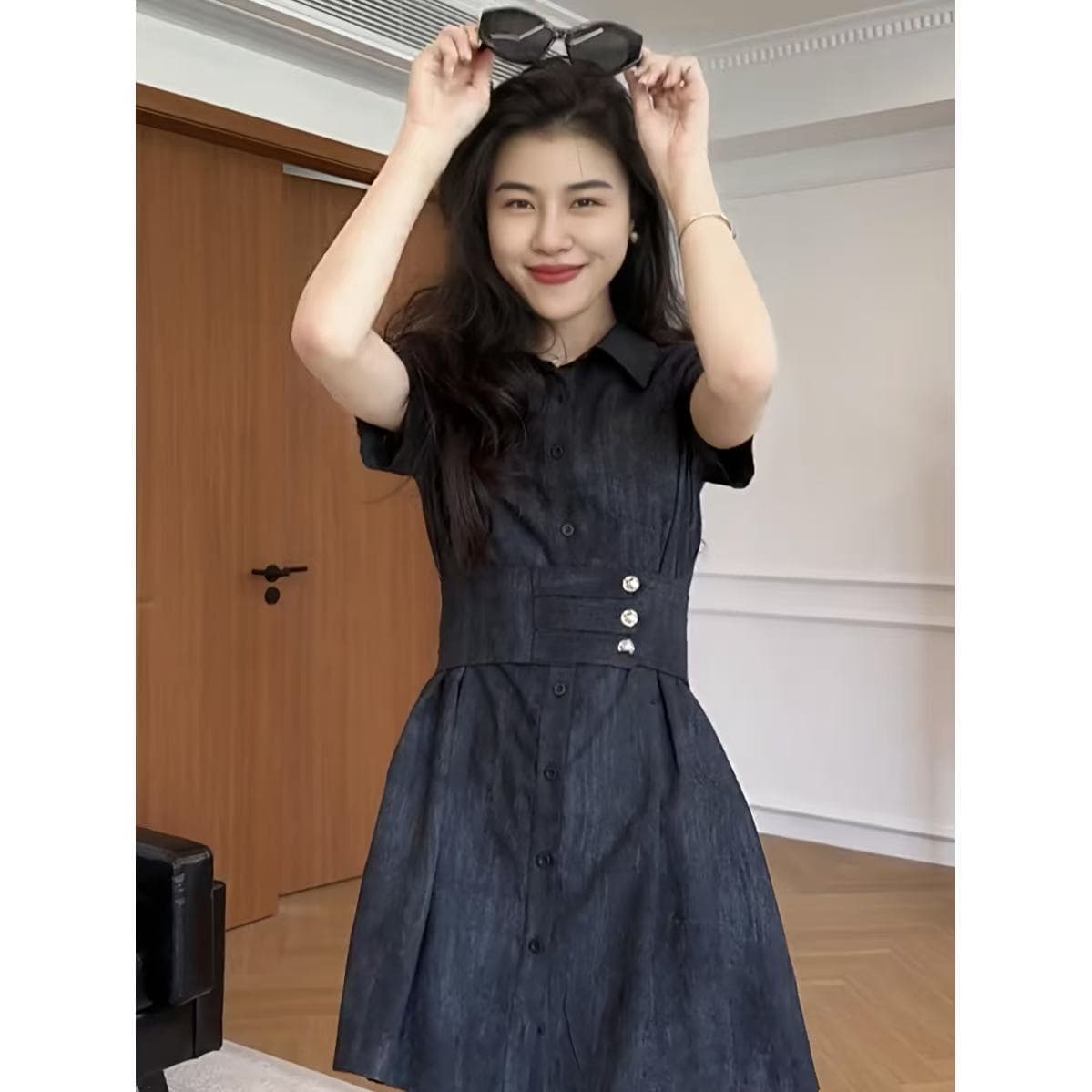 장 A 스타 캘리포니아 주 한여름 레트로 캐주얼 POLO 칼라 드레스 소근 허리 수축 A라인 스커트 아이들 여름 이미지 4