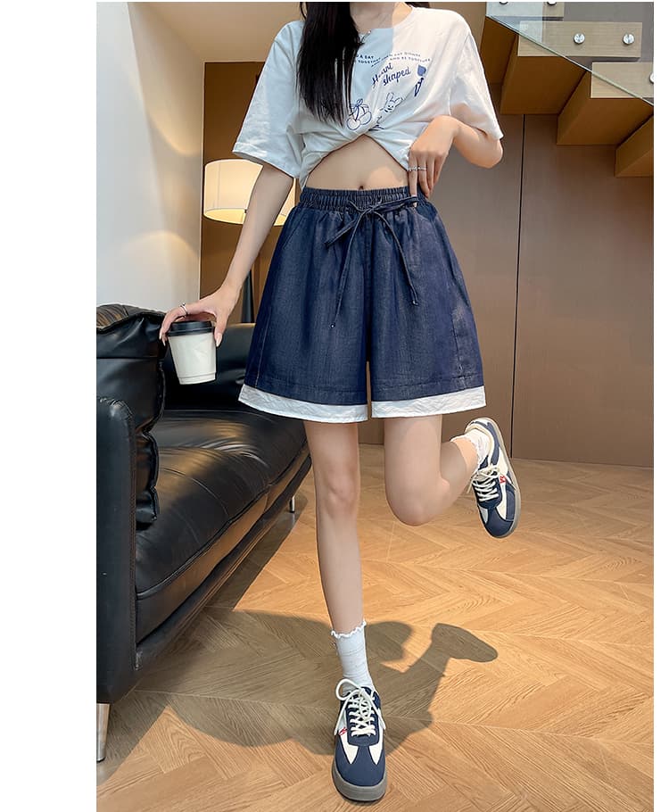실사 레이스 조각 5 점 데님 오부 바지 여성 2026 여름 떨어지지 않음 색상 주간 실크 스트레이트 넓은 다리 중 바지 상세 이미지 18