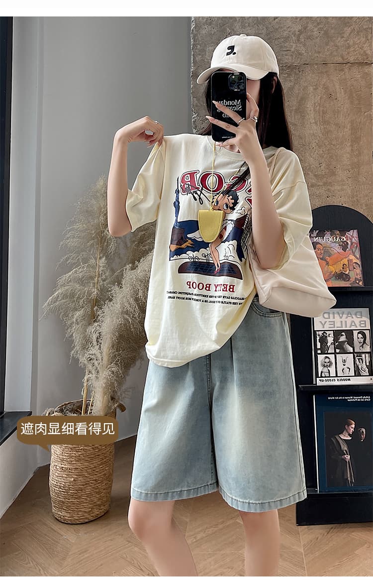 실사 하늘색 5 점 데님 반바지 여성 여름 얇은 루즈핏 슬림해 보이는 한 마디 넓은 다리 스트레이트 6 점 중 바지 상세 이미지 5