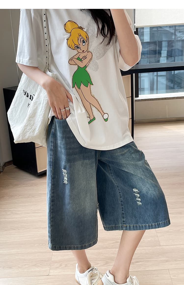 실사 품질 여성 의류 허리밴드 핫걸 패션 찢어진 부분 7 점 청바지 여성 여름 배 종류 몸 와이드 레그 팬츠 어린이 상세 이미지 13