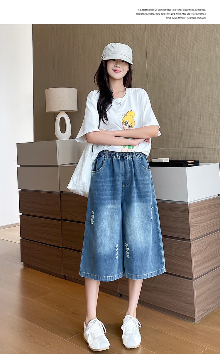 실사 품질 여성 의류 허리밴드 핫걸 패션 찢어진 부분 7 점 청바지 여성 여름 배 종류 몸 와이드 레그 팬츠 어린이 상세 이미지 16
