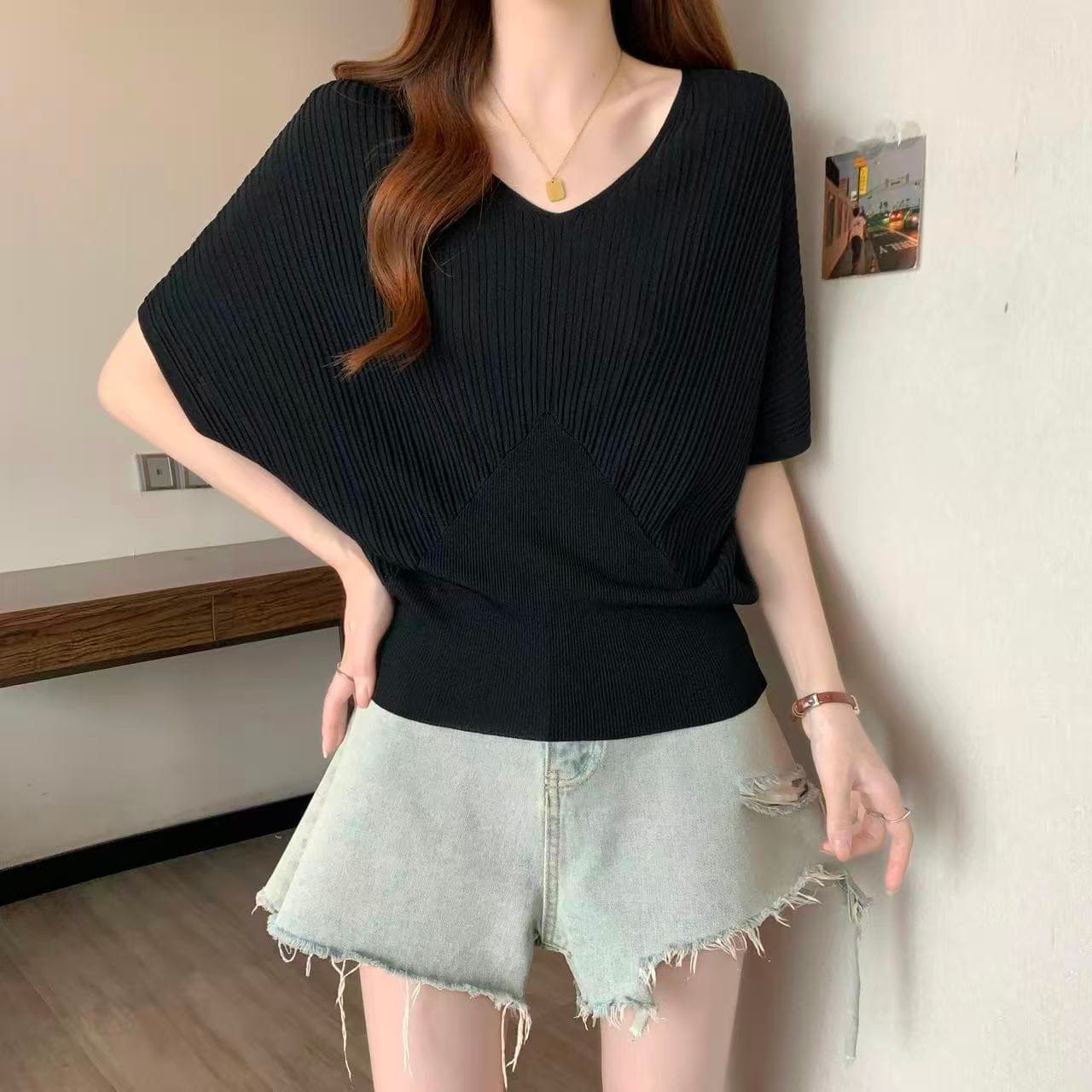 실사 지방 mm 여름 새로운 한 부서 V넥 질감 센스 니트 스웨터 여성 루즈핏 슬림해 보이는 배트윙 소매 얼음 실크 맨위 상세 이미지 11