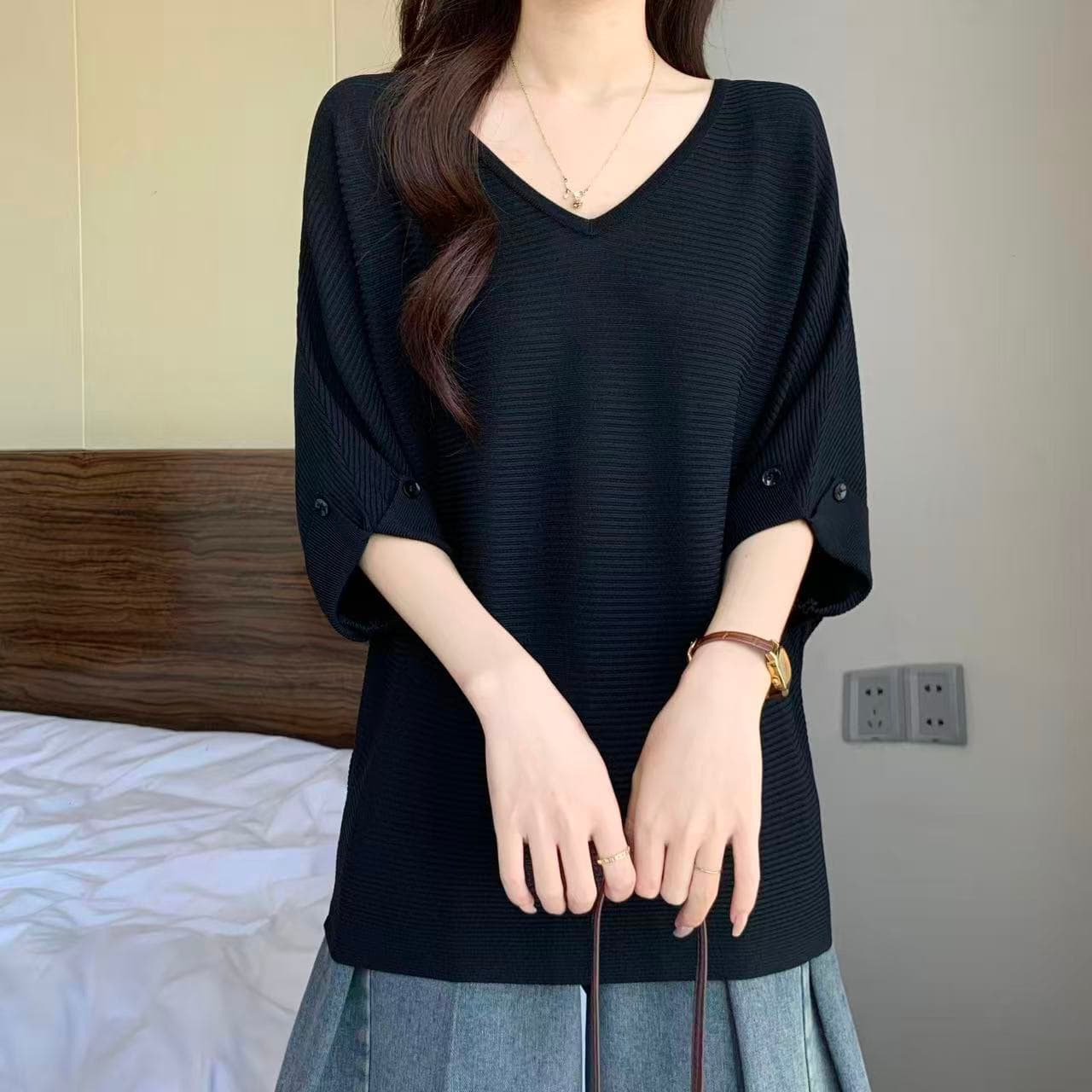 실사 지방 mm 여름 새로운 한 부서 V넥 질감 센스 니트 스웨터 여성 루즈핏 슬림해 보이는 배트윙 소매 얼음 실크 맨위 상세 이미지 20