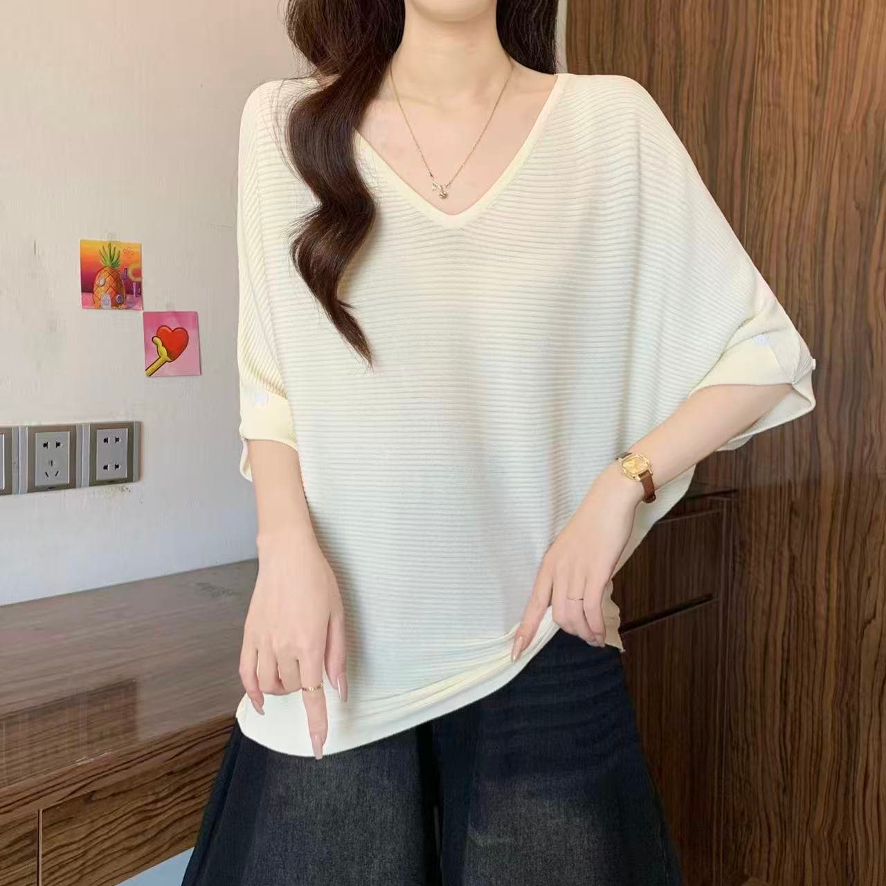 실사 지방 mm 여름 새로운 한 부서 V넥 질감 센스 니트 스웨터 여성 루즈핏 슬림해 보이는 배트윙 소매 얼음 실크 맨위 상세 이미지 2