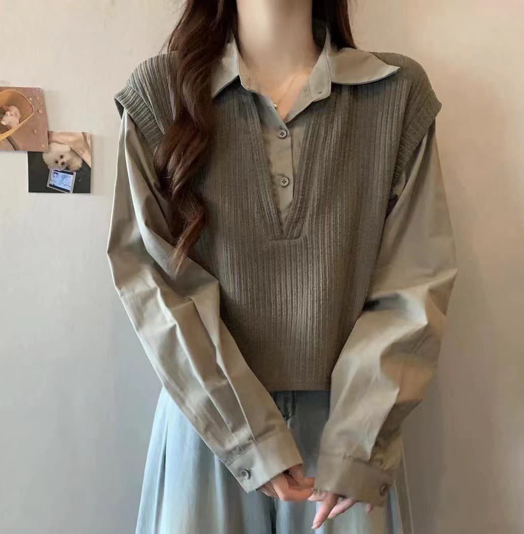 실사 지방 mm 가을 새로운 한국 스타일 루즈핏 POLO 칼라 페이크 레이어드 니트 패치워크 셔츠 여성 긴 소매 맨위 트렌디