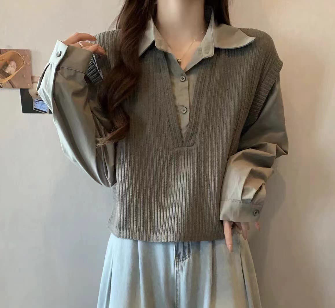 실사 지방 mm 가을 새로운 한국 스타일 루즈핏 POLO 칼라 페이크 레이어드 니트 패치워크 셔츠 여성 긴 소매 맨위 트렌디 이미지 2