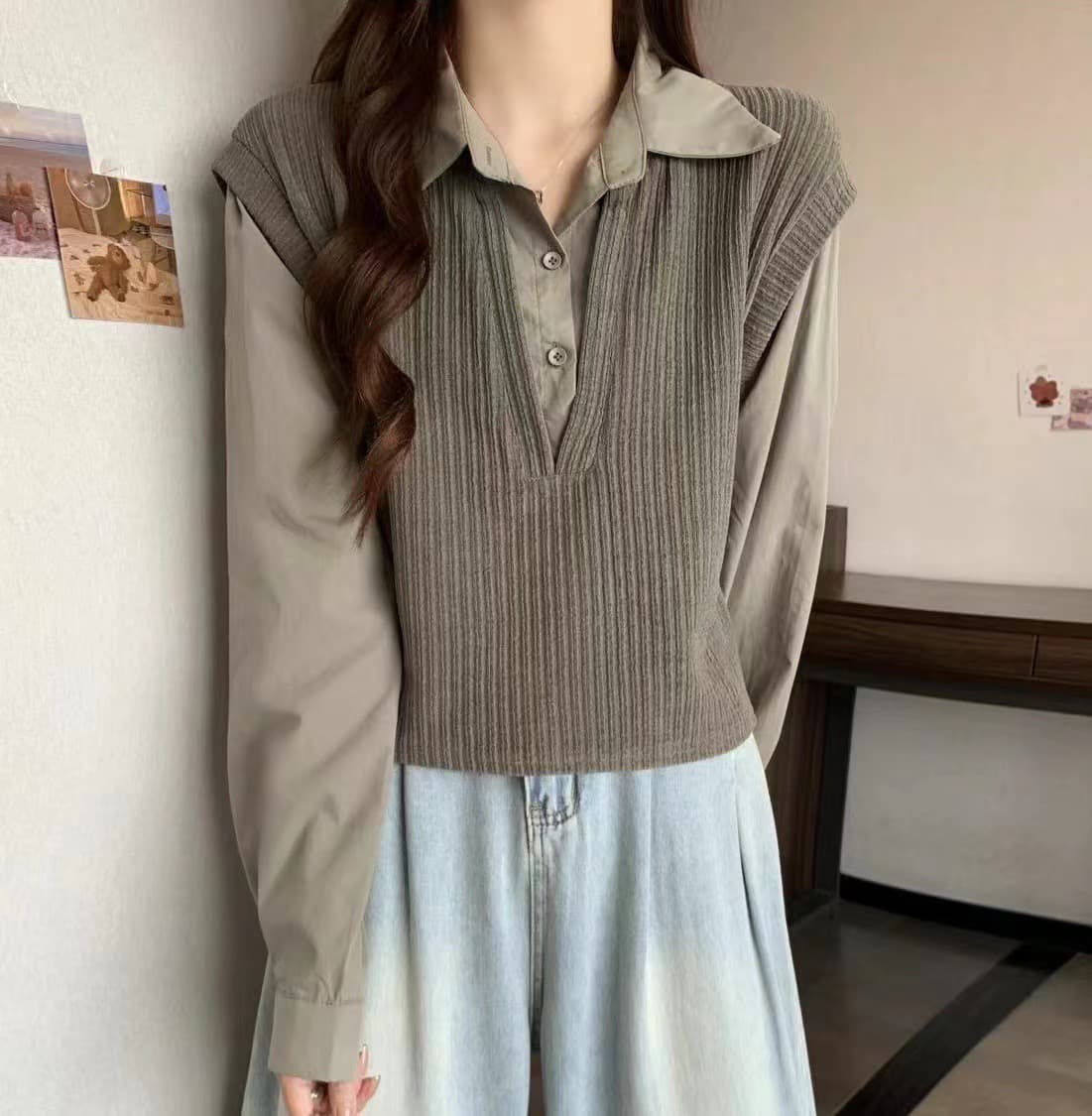 실사 지방 mm 가을 새로운 한국 스타일 루즈핏 POLO 칼라 페이크 레이어드 니트 패치워크 셔츠 여성 긴 소매 맨위 트렌디 상세 이미지 3