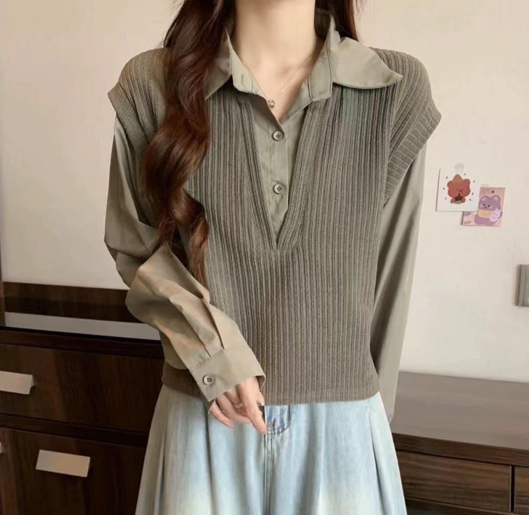 실사 지방 mm 가을 새로운 한국 스타일 루즈핏 POLO 칼라 페이크 레이어드 니트 패치워크 셔츠 여성 긴 소매 맨위 트렌디 상세 이미지 6