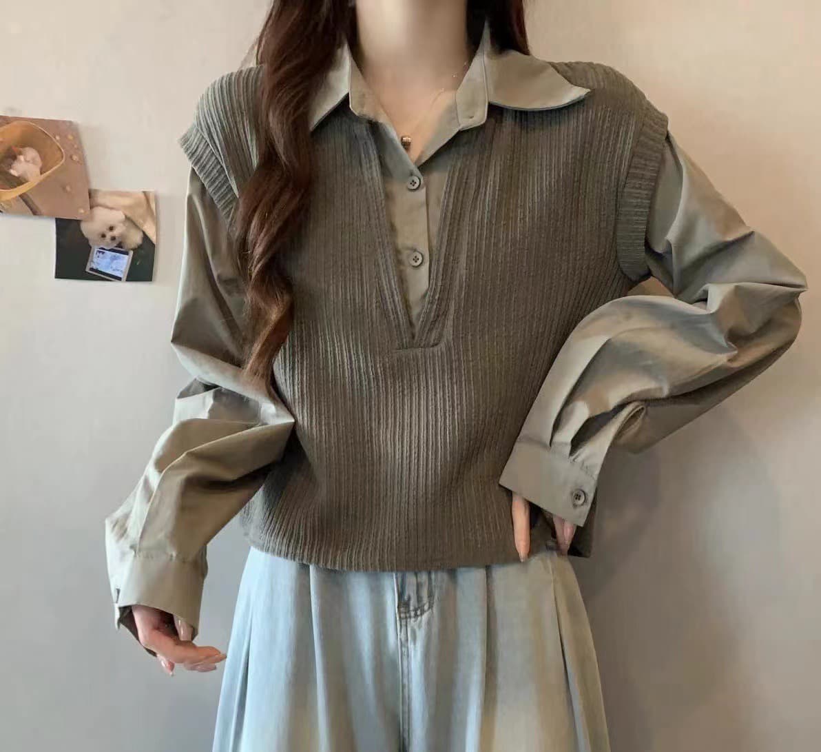 실사 지방 mm 가을 새로운 한국 스타일 루즈핏 POLO 칼라 페이크 레이어드 니트 패치워크 셔츠 여성 긴 소매 맨위 트렌디 상세 이미지 10