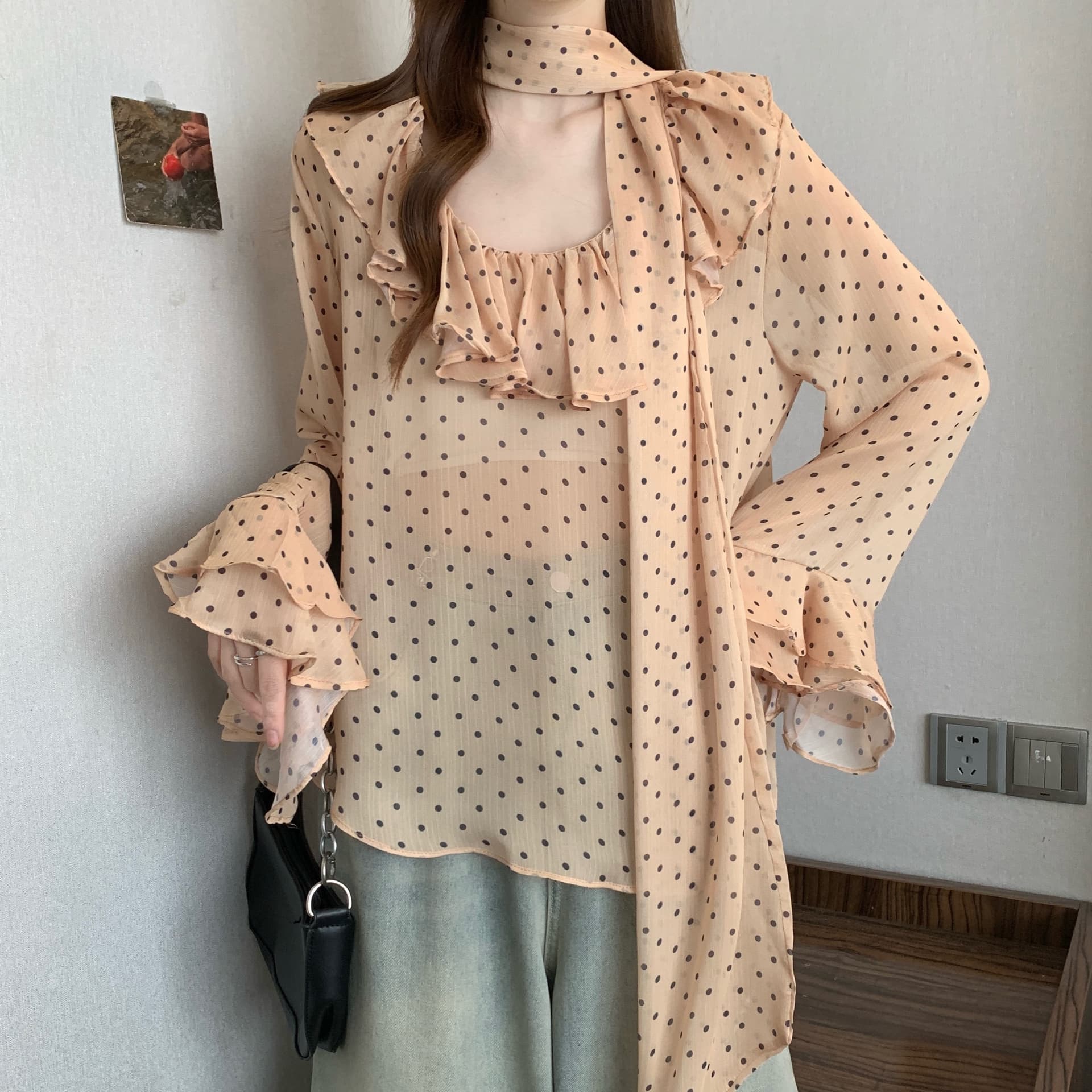 실사 빅 사이즈 쉬폰 블라우스 레트로 꽃무늬 레오파드 무늬 셔츠 디자인 센스 루즈핏 프릴 마이크로 ~을 통해 셔츠 상세 이미지 10