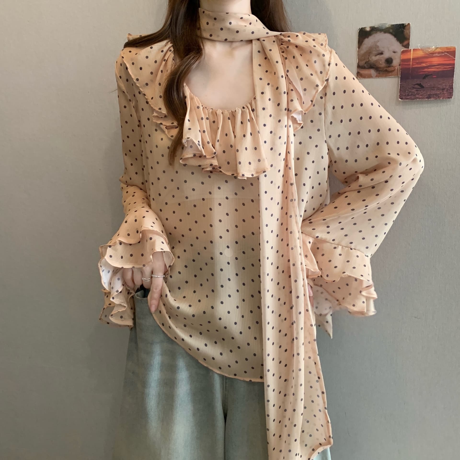 실사 빅 사이즈 쉬폰 블라우스 레트로 꽃무늬 레오파드 무늬 셔츠 디자인 센스 루즈핏 프릴 마이크로 ~을 통해 셔츠 이미지 4