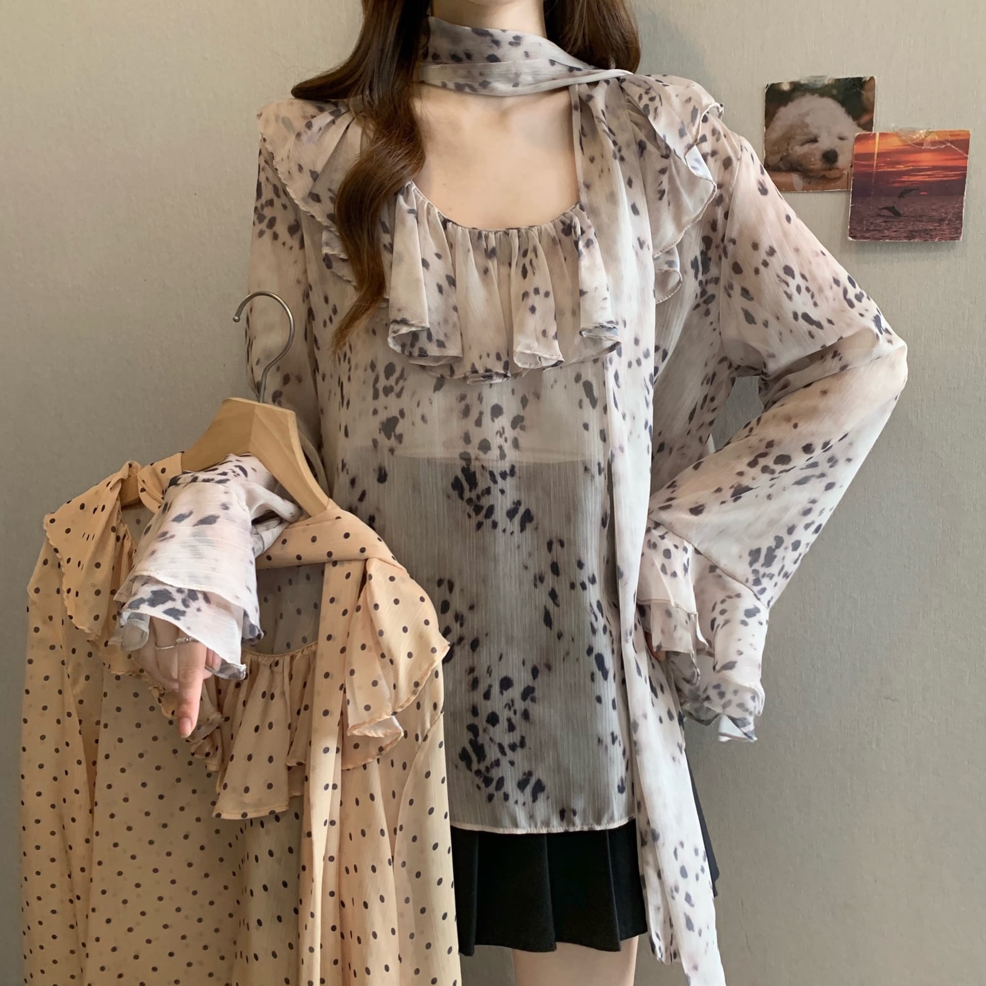 실사 빅 사이즈 쉬폰 블라우스 레트로 꽃무늬 레오파드 무늬 셔츠 디자인 센스 루즈핏 프릴 마이크로 ~을 통해 셔츠 상세 이미지 2