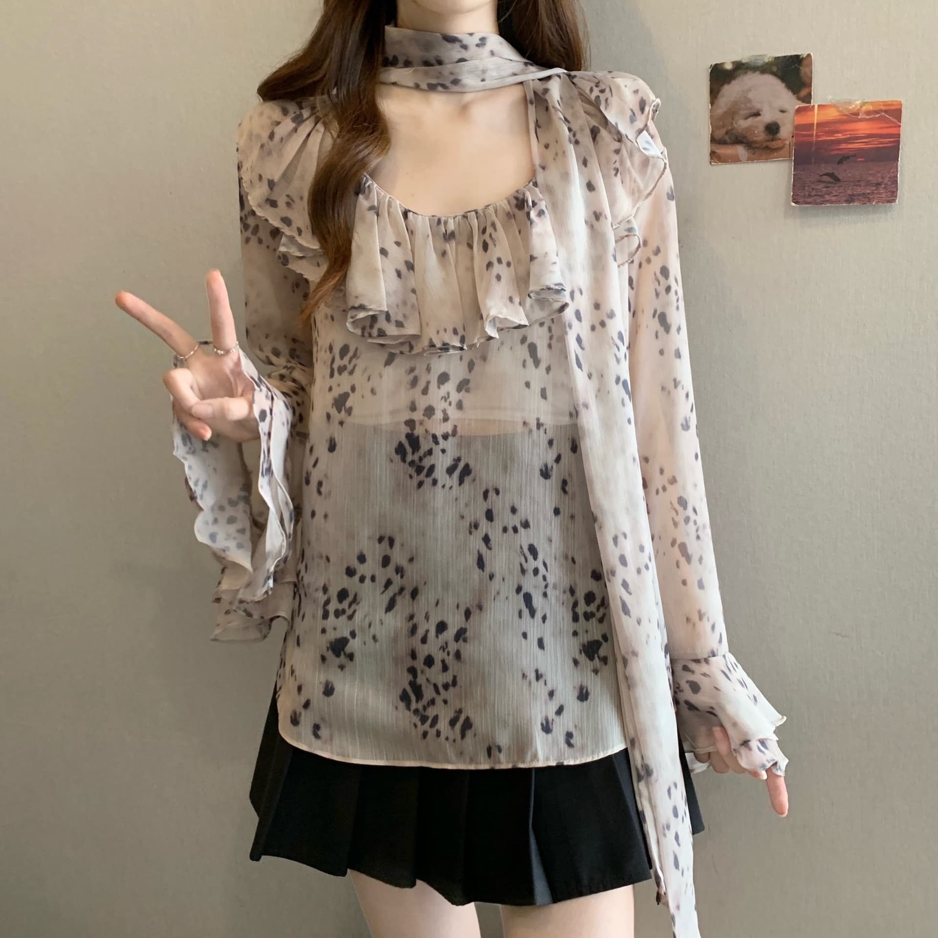 실사 빅 사이즈 쉬폰 블라우스 레트로 꽃무늬 레오파드 무늬 셔츠 디자인 센스 루즈핏 프릴 마이크로 ~을 통해 셔츠 상세 이미지 5