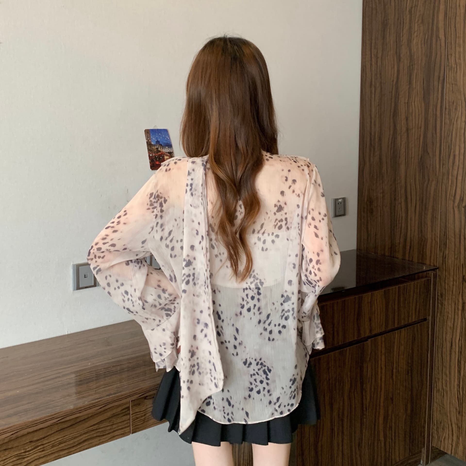실사 빅 사이즈 쉬폰 블라우스 레트로 꽃무늬 레오파드 무늬 셔츠 디자인 센스 루즈핏 프릴 마이크로 ~을 통해 셔츠 상세 이미지 11