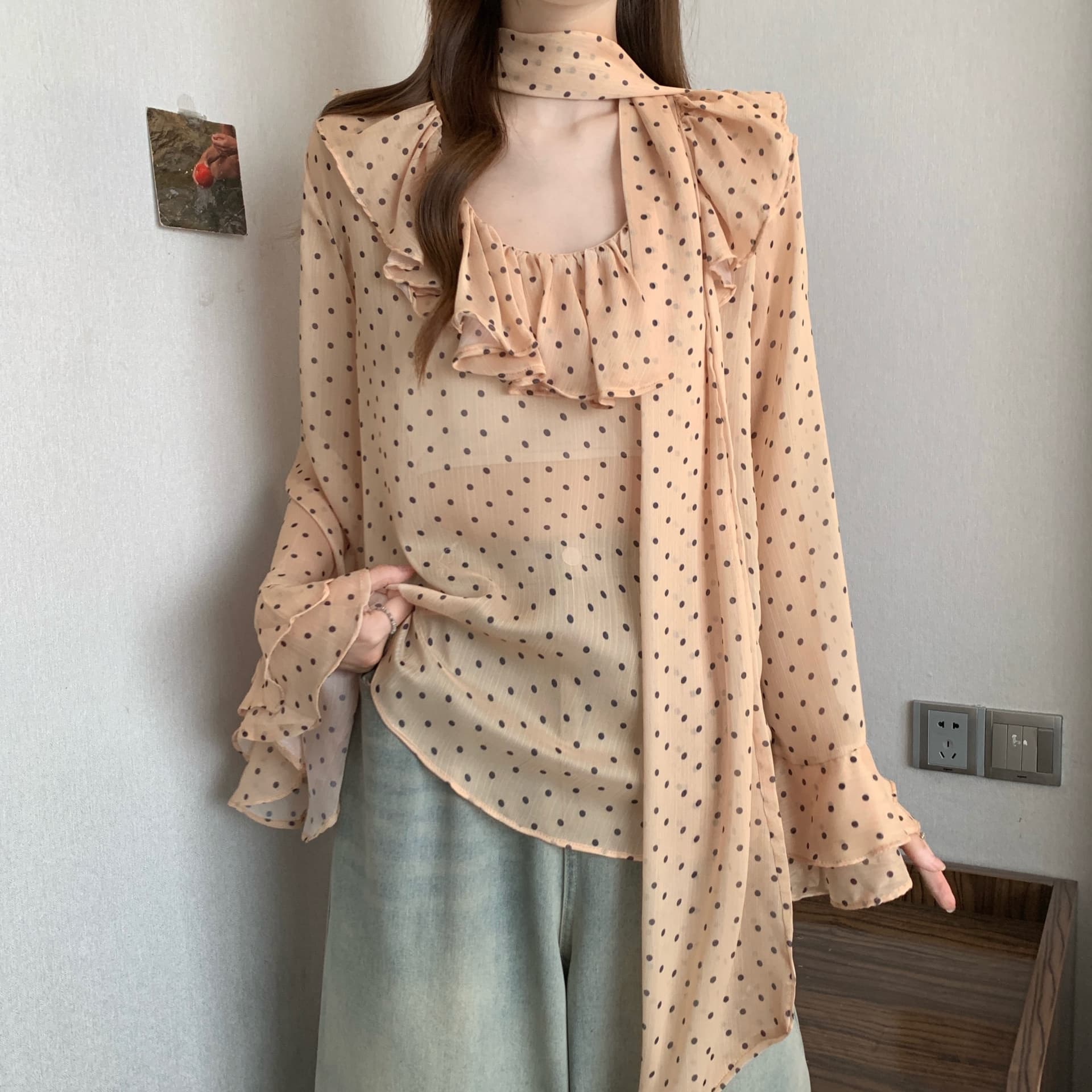 실사 빅 사이즈 쉬폰 블라우스 레트로 꽃무늬 레오파드 무늬 셔츠 디자인 센스 루즈핏 프릴 마이크로 ~을 통해 셔츠 상세 이미지 14