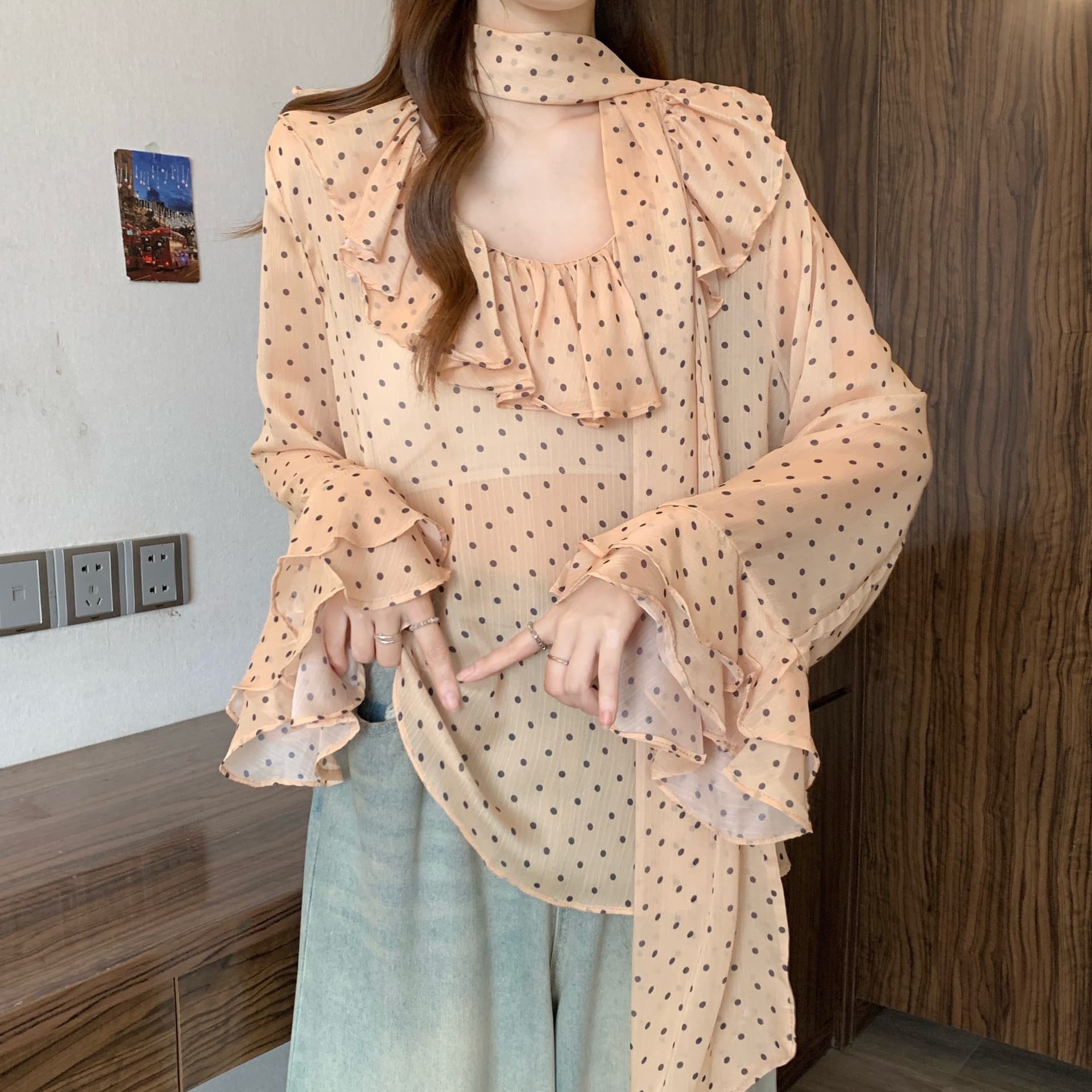 실사 빅 사이즈 쉬폰 블라우스 레트로 꽃무늬 레오파드 무늬 셔츠 디자인 센스 루즈핏 프릴 마이크로 ~을 통해 셔츠 상세 이미지 17