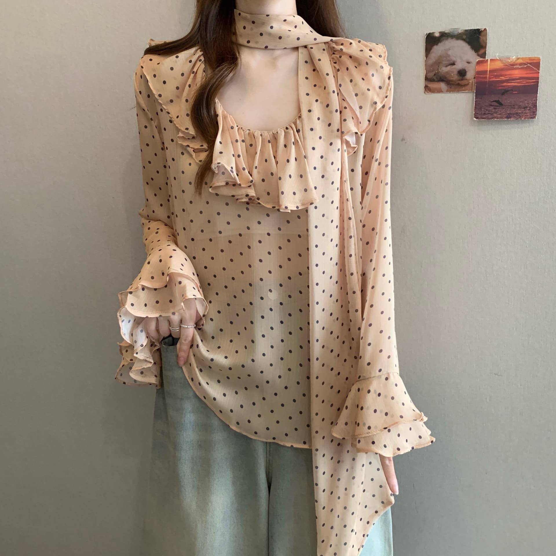 실사 빅 사이즈 쉬폰 블라우스 레트로 꽃무늬 레오파드 무늬 셔츠 디자인 센스 루즈핏 프릴 마이크로 ~을 통해 셔츠 상세 이미지 20