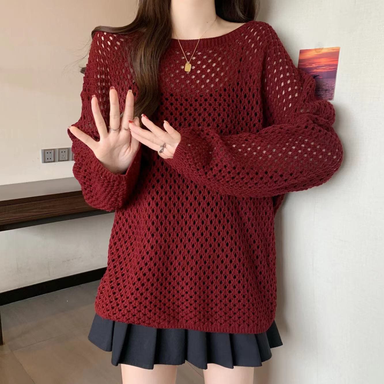 실사 지방 mm 이른 가을 새로운 고급 센스 패션 외국 가스 연령 감소 루즈핏 홀로우 아웃 긴팔 여성 니트 스웨터 맨위 상세 이미지 15