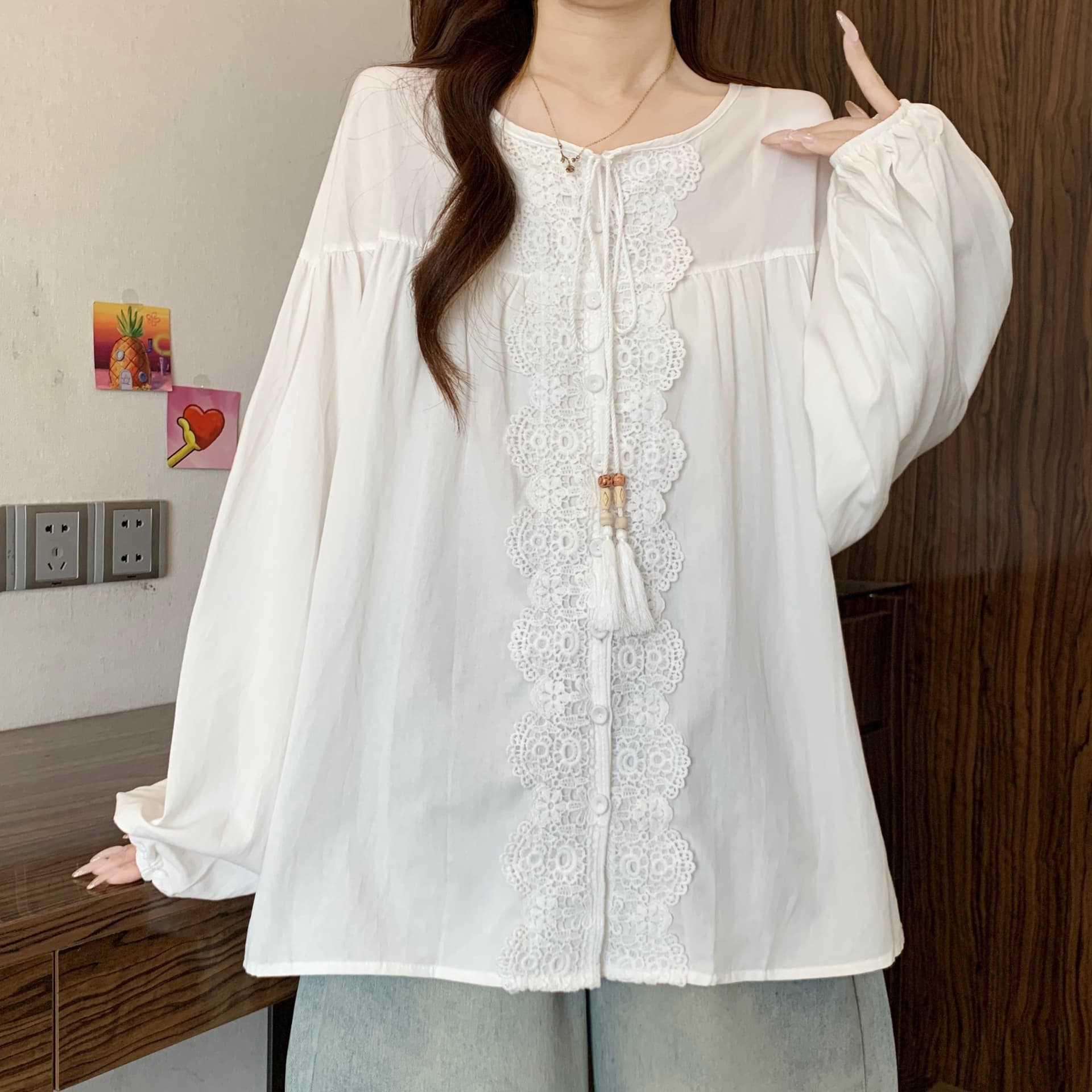 실사 지방 mm 빅 사이즈 2026 가을 새로운 다용도 루즈핏 프랑스식 셔츠 여성 빅 사이즈 표지 배 슬림해 보이는 켜기 상세 이미지 6