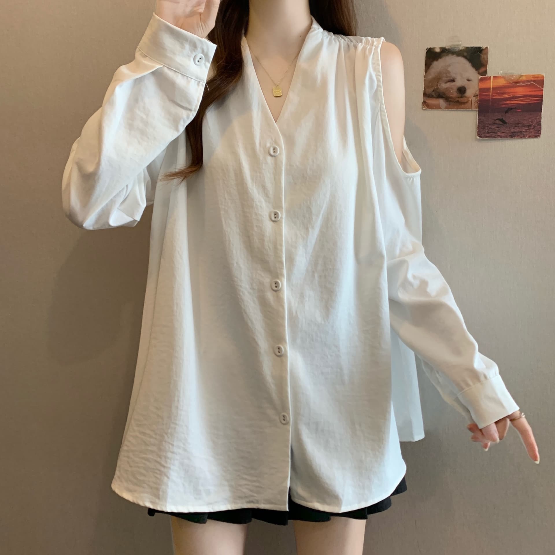 실사 지방 mm 2026 가을 새로운 다용도 루즈핏 프랑스식 셔츠 여성 빅 사이즈 표지 배 슬림해 보이는 켜기 벨트 상세 이미지 8