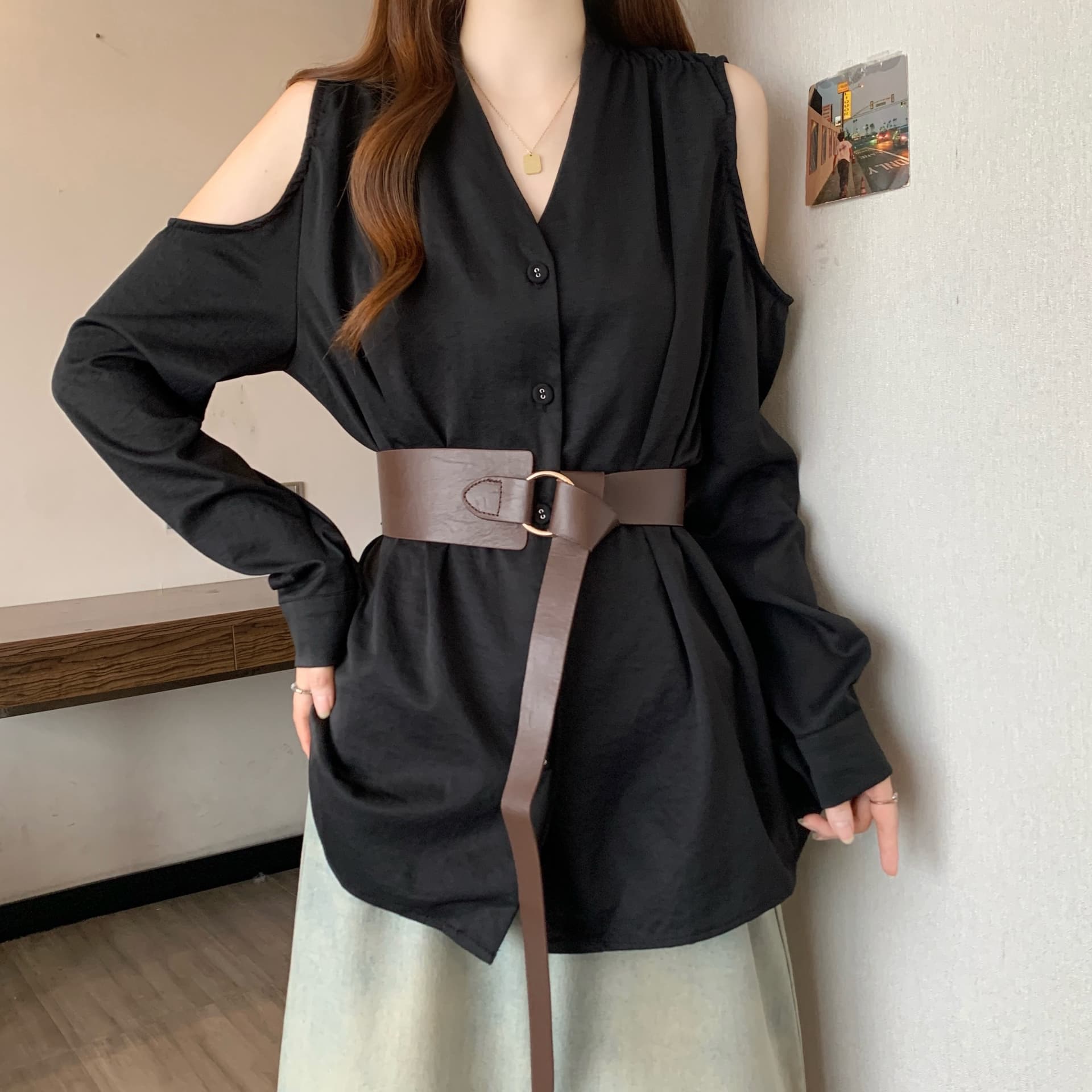 실사 지방 mm 2026 가을 새로운 다용도 루즈핏 프랑스식 셔츠 여성 빅 사이즈 표지 배 슬림해 보이는 켜기 벨트 상세 이미지 4