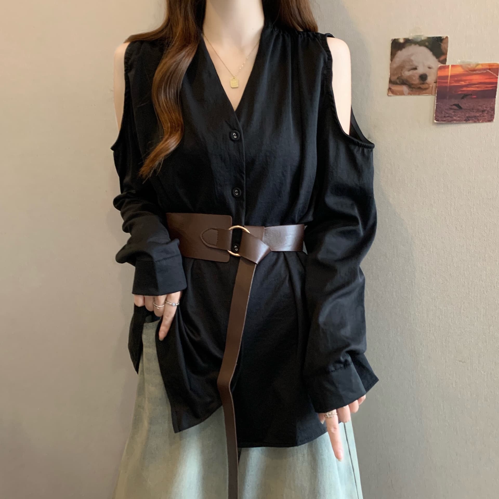 실사 지방 mm 2026 가을 새로운 다용도 루즈핏 프랑스식 셔츠 여성 빅 사이즈 표지 배 슬림해 보이는 켜기 벨트 상세 이미지 10