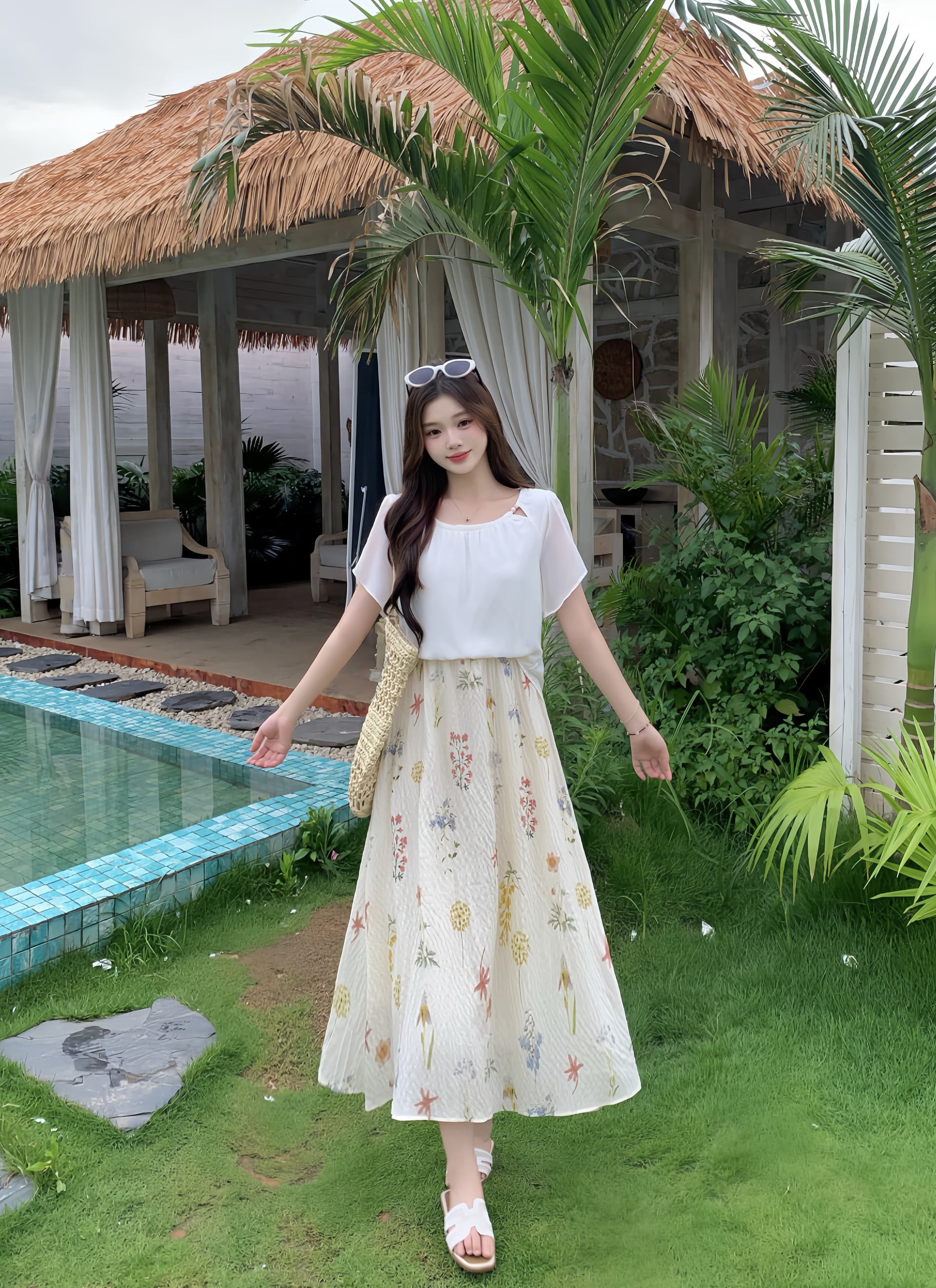 실사 2026 여름 새로운 지방 mm 빅 사이즈 여성 패치워크 꽃무늬 페이크 레이어드 드레스 우아함 품격 A라인 스커트 이미지 2