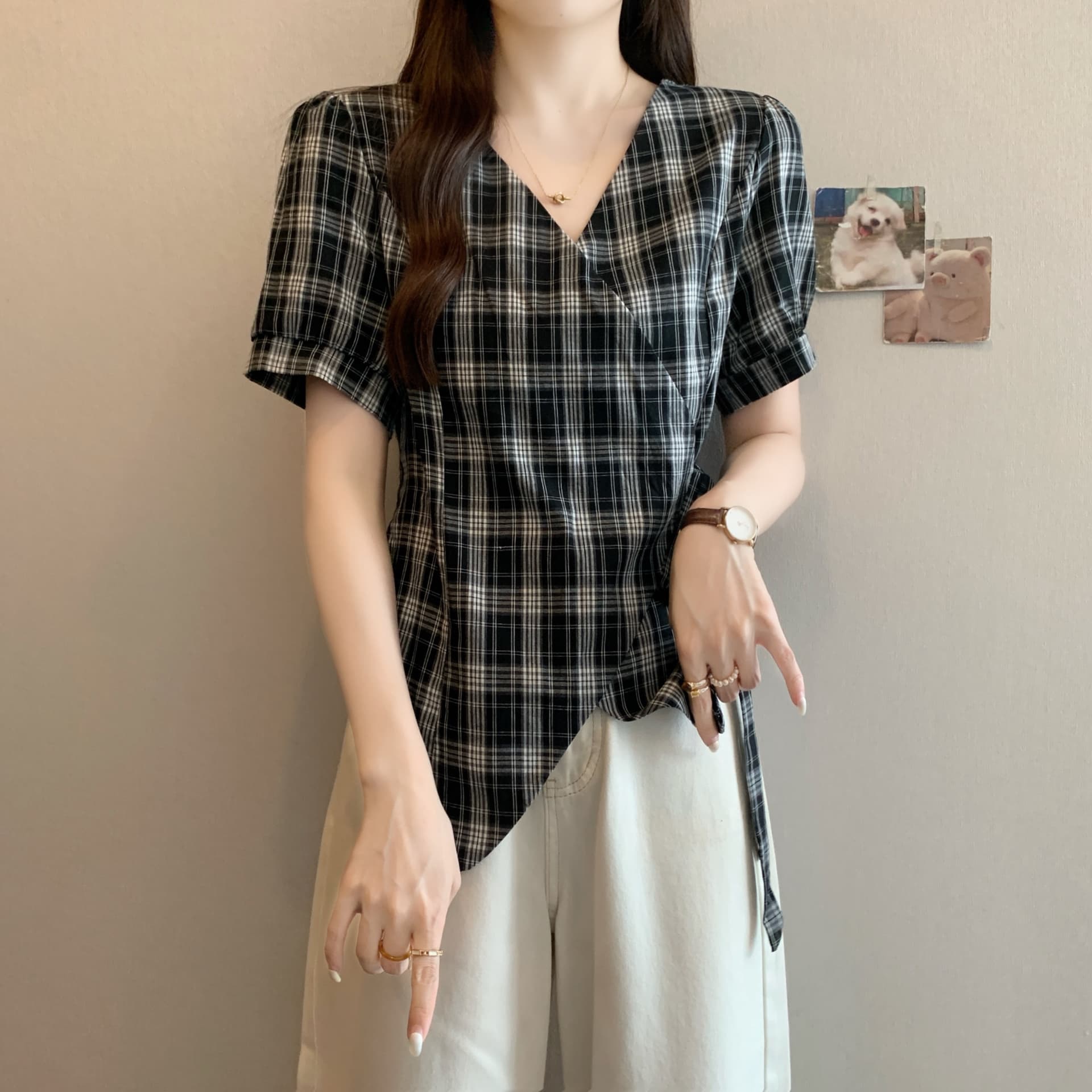실사 2026 여름 드레스 새로운 지방 mm 빅 사이즈 한 부서 V넥 반팔 격자 무늬 셔츠 레이스업 허리 수축 슬림해 보이는 맨위 상세 이미지 17