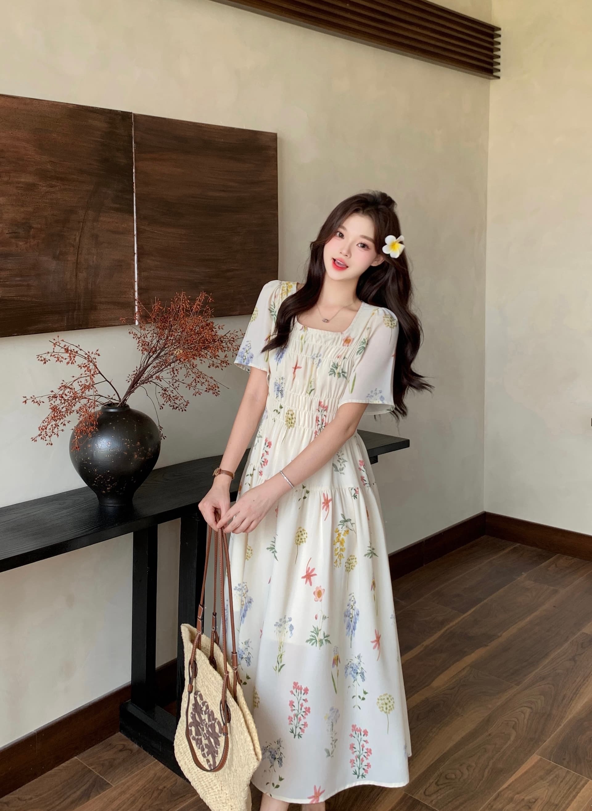 실사 2026 여름 새로운 지방 mm 빅 사이즈 여성 프랑스식 광장 칼라 반팔 꽃무늬 치마 부드러운 휴가 바람 드레스 상세 이미지 4