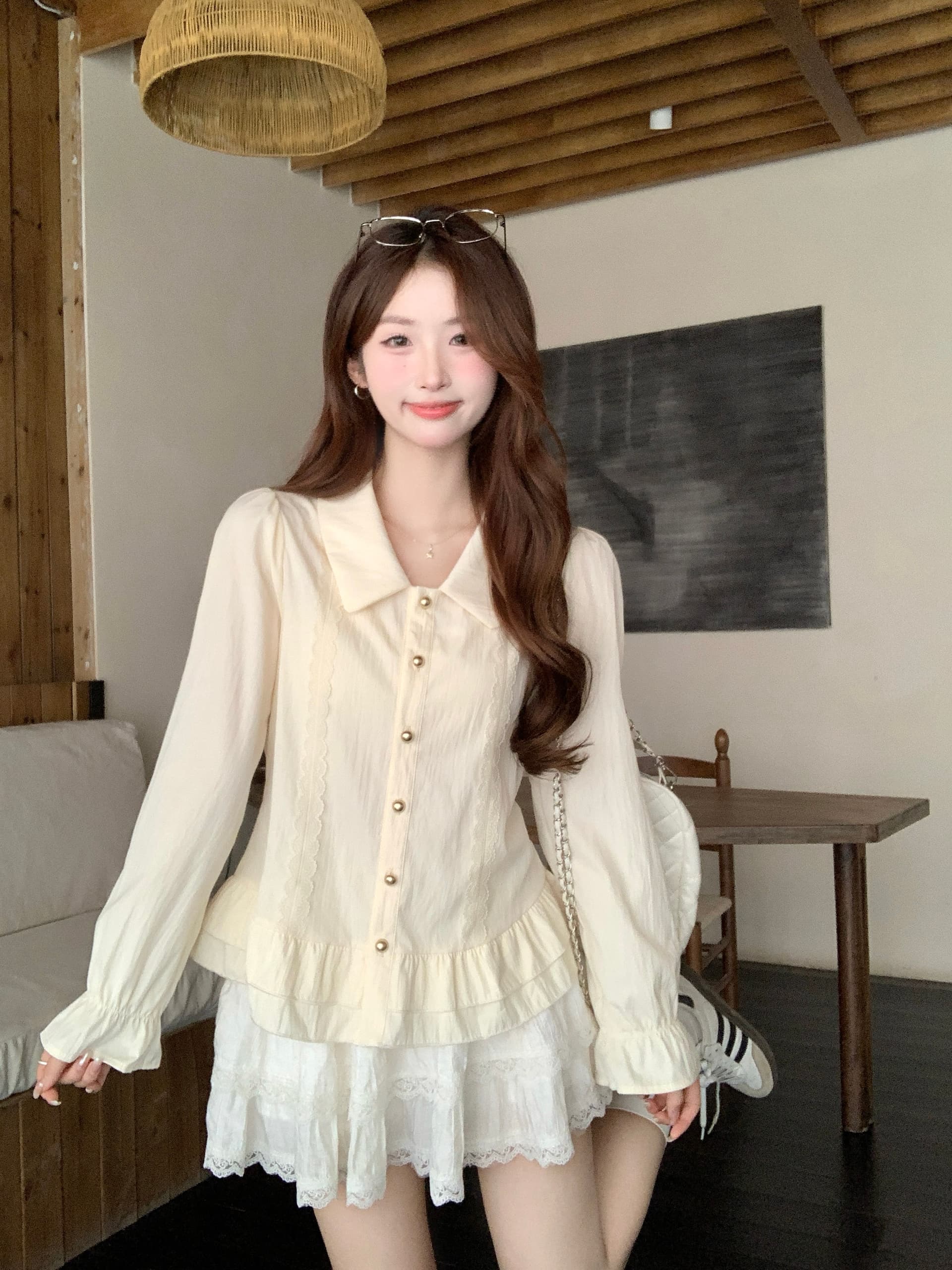 실사 2026 봄 새로운 지방 mm 빅 사이즈 프랑스식 베이비 칼라 긴팔 셔츠 연령 감소 프릴 Chic 작은 셔츠 이미지 3
