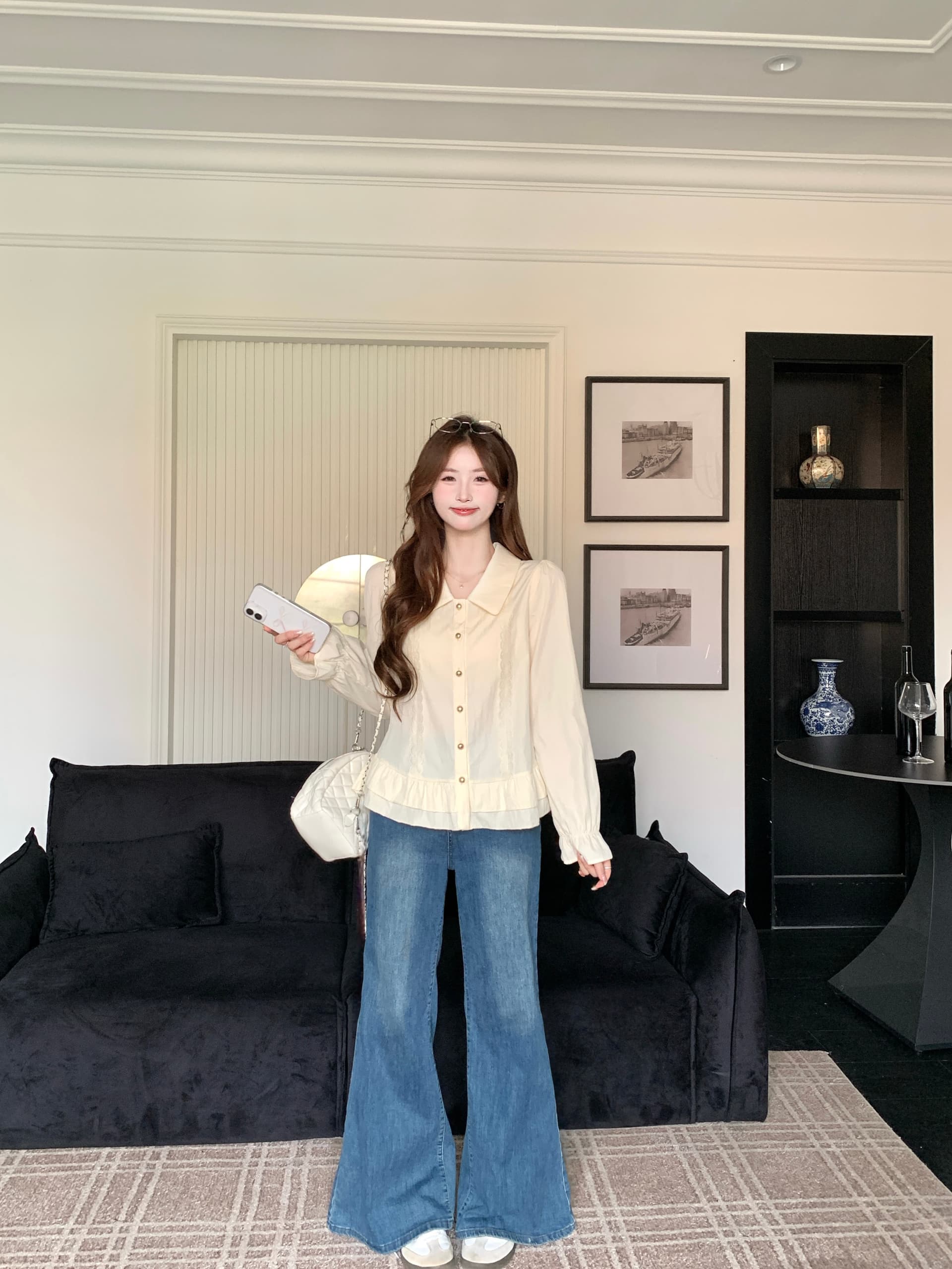 실사 2026 봄 새로운 지방 mm 빅 사이즈 프랑스식 베이비 칼라 긴팔 셔츠 연령 감소 프릴 Chic 작은 셔츠 상세 이미지 5