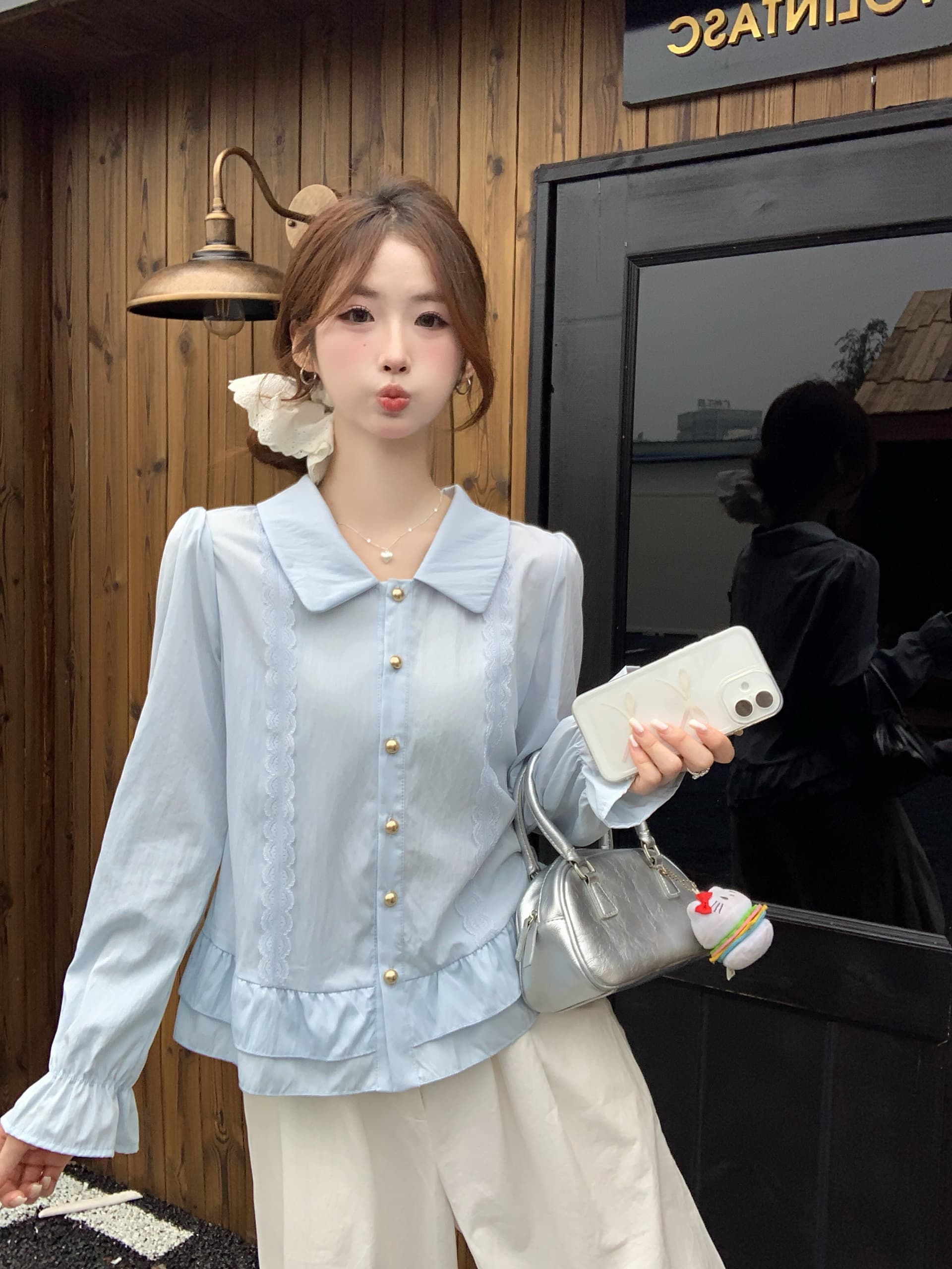 실사 2026 봄 새로운 지방 mm 빅 사이즈 프랑스식 베이비 칼라 긴팔 셔츠 연령 감소 프릴 Chic 작은 셔츠 상세 이미지 19
