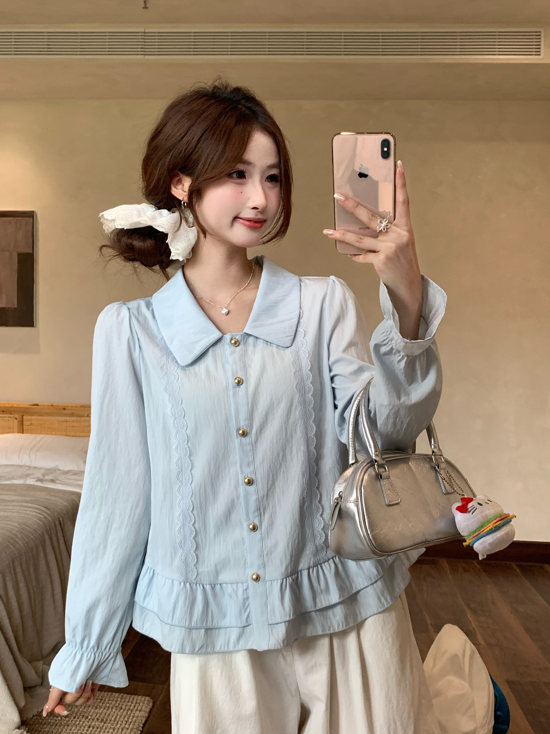 실사 2026 봄 새로운 지방 mm 빅 사이즈 프랑스식 베이비 칼라 긴팔 셔츠 연령 감소 프릴 Chic 작은 셔츠 상세 이미지 25