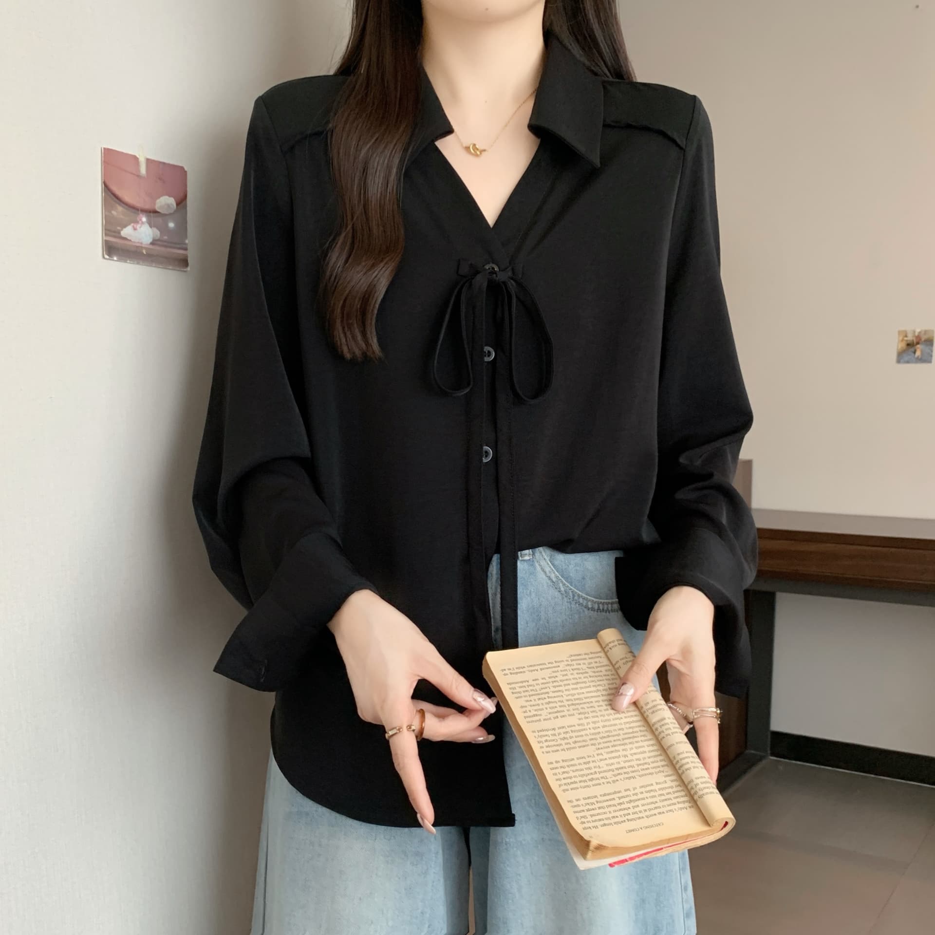 실사 2026 봄 드레스 새로운 지방 mm 빅 사이즈 여성 나비 넥타이 긴팔 셔츠 프랑스식 출퇴근 인사이드 잡아라. 의류 상세 이미지 34
